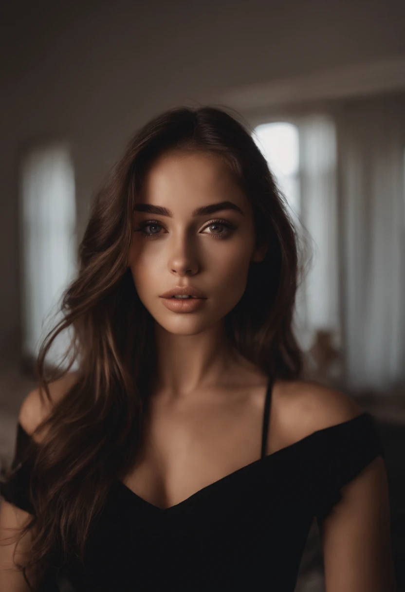 arafed woman with black clothes, sexy girl with brown eyes, portrait sophie mudd, brown hair and large eyes, selfie of a young woman, bedroom eyes, violet myers, without makeup, natural makeup, looking directly at the camera, face with artgram, subtle makeup, stunning full body shot, in bedroom, cleavage