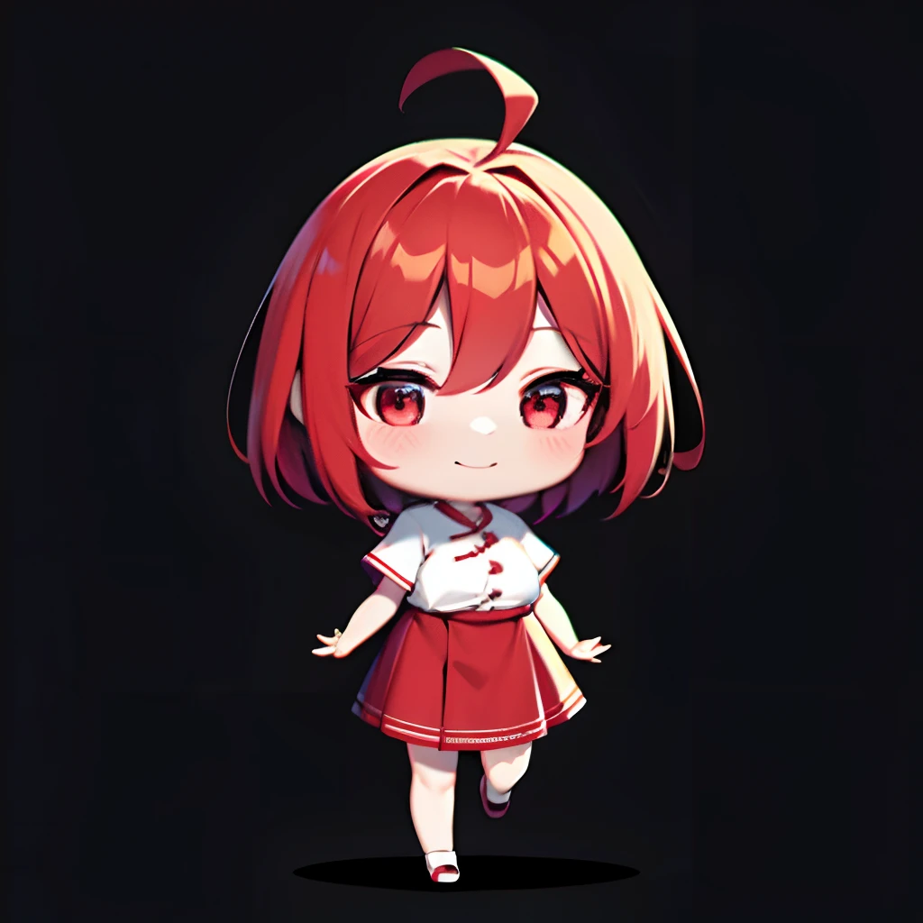 超A high resolution, nffsw, Best aesthetic, Top quality depiction of the foot,Surprised with open arms,  Has iridescent hair,　Red hair, Flat Avatar,  Anime visuals of cute girls, Cute art style, Chibi, anime stylized, Shorthair, Ahoge, is shy, A smile, Peony hair ornament, simple background, 耳环, jewely, side locks, large oval eyes,red eyes、white  shirt、skirt by the