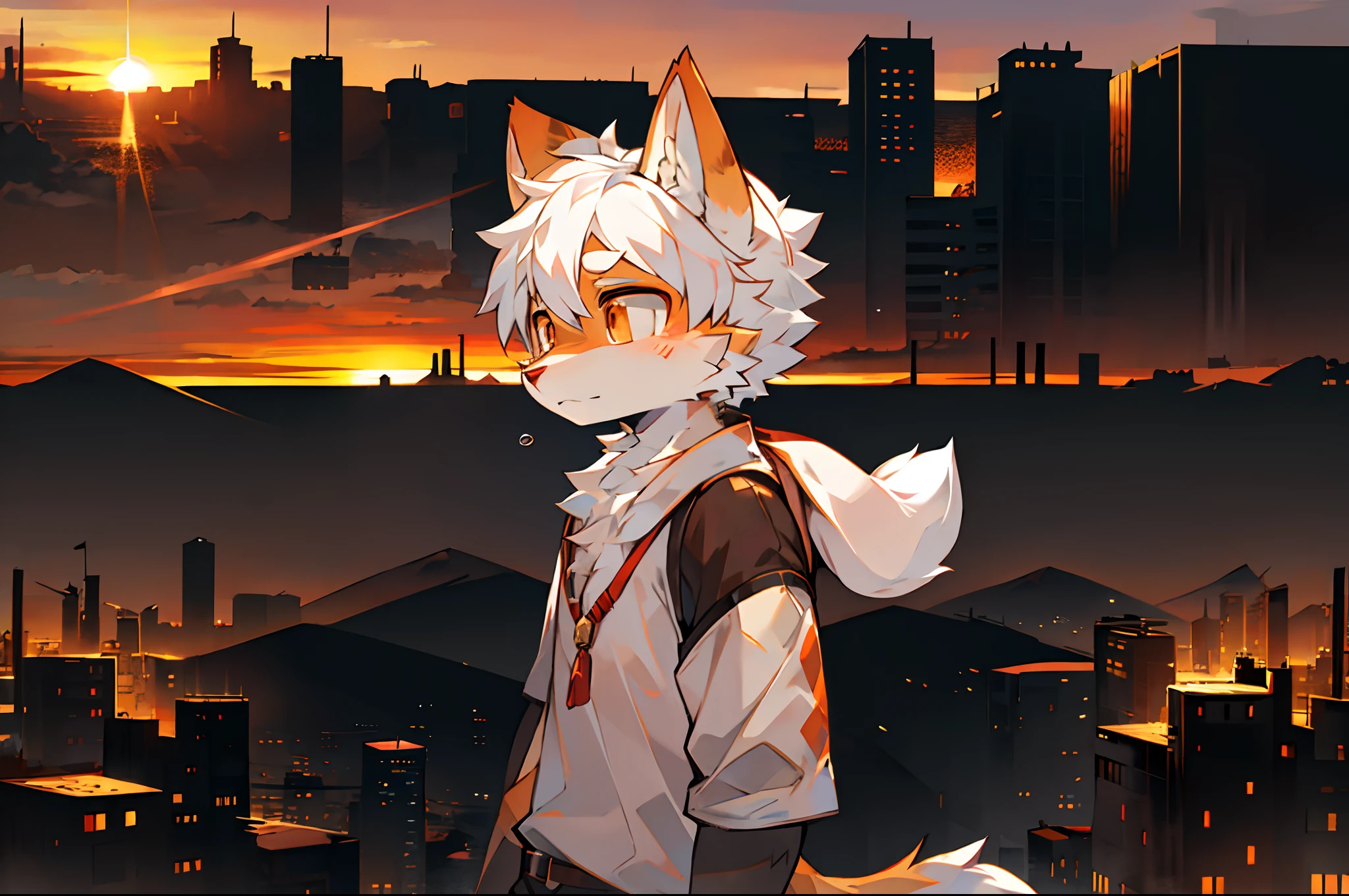 furry,fur,body fur,solo,male,(Sad face),((sunrise,horizon,abandon city far away)),short sleeves,character focus,face focus,white shirt,white hair, orange fur,orange eyes,BREAK,aoeu