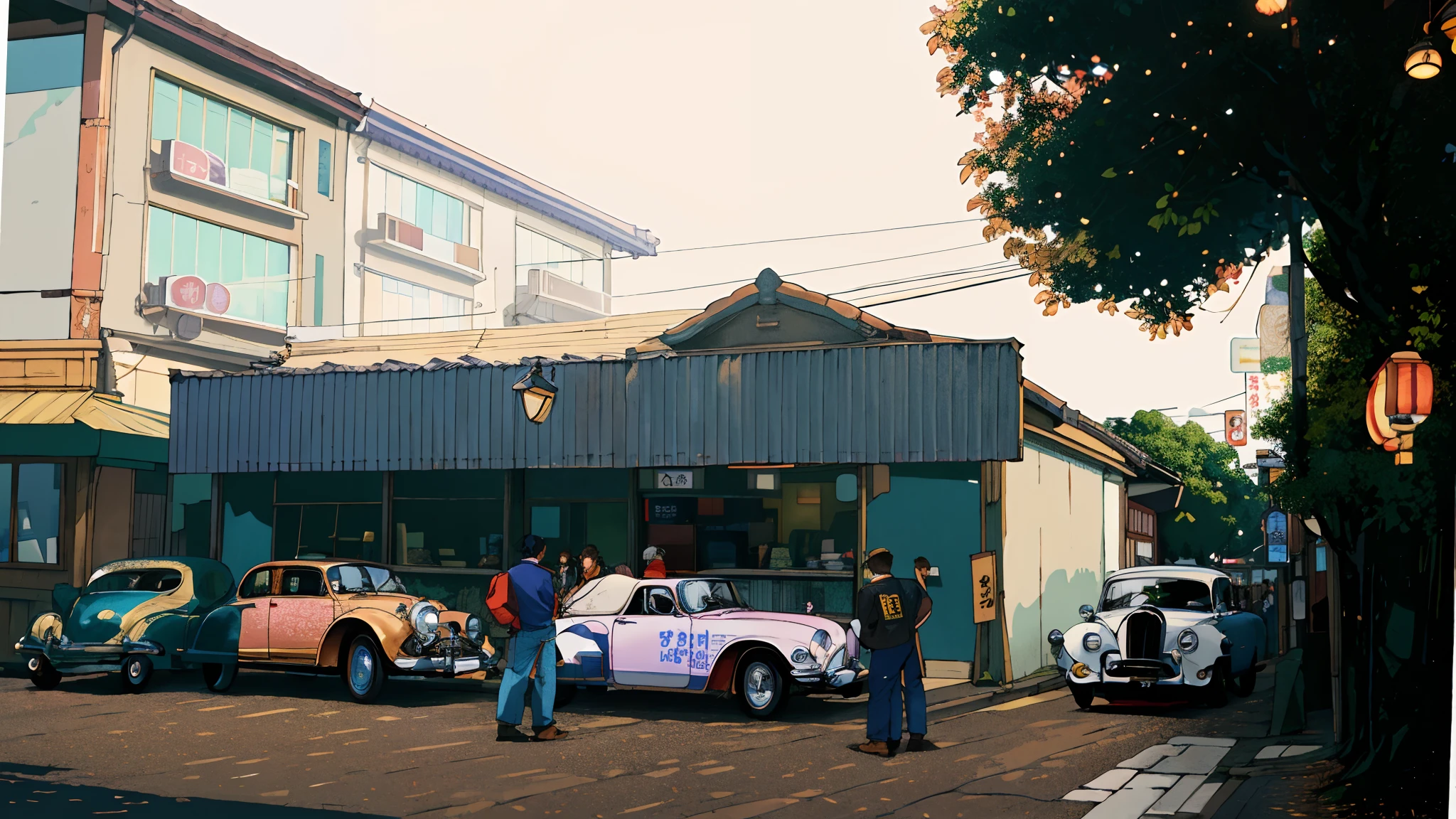 classic car japanese car, ultra-detailed, best quality, side view, colorful, in busy street of vintage shops and vintage farage in the background, perfect illumination and shadow.
