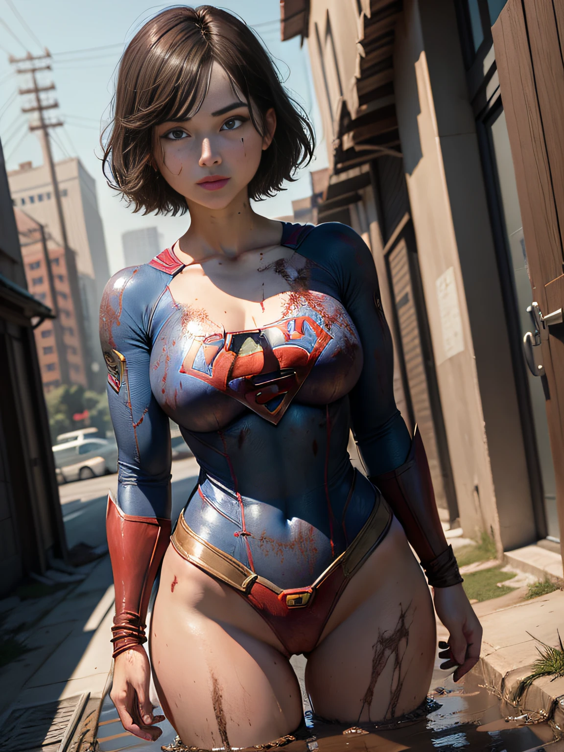 masterpiece、Short-haired Supergirl fell into the sewage、large full breasts、Looking at the camera、Glossy costume、Crotch、Mud stains、Covered in mud、wounded