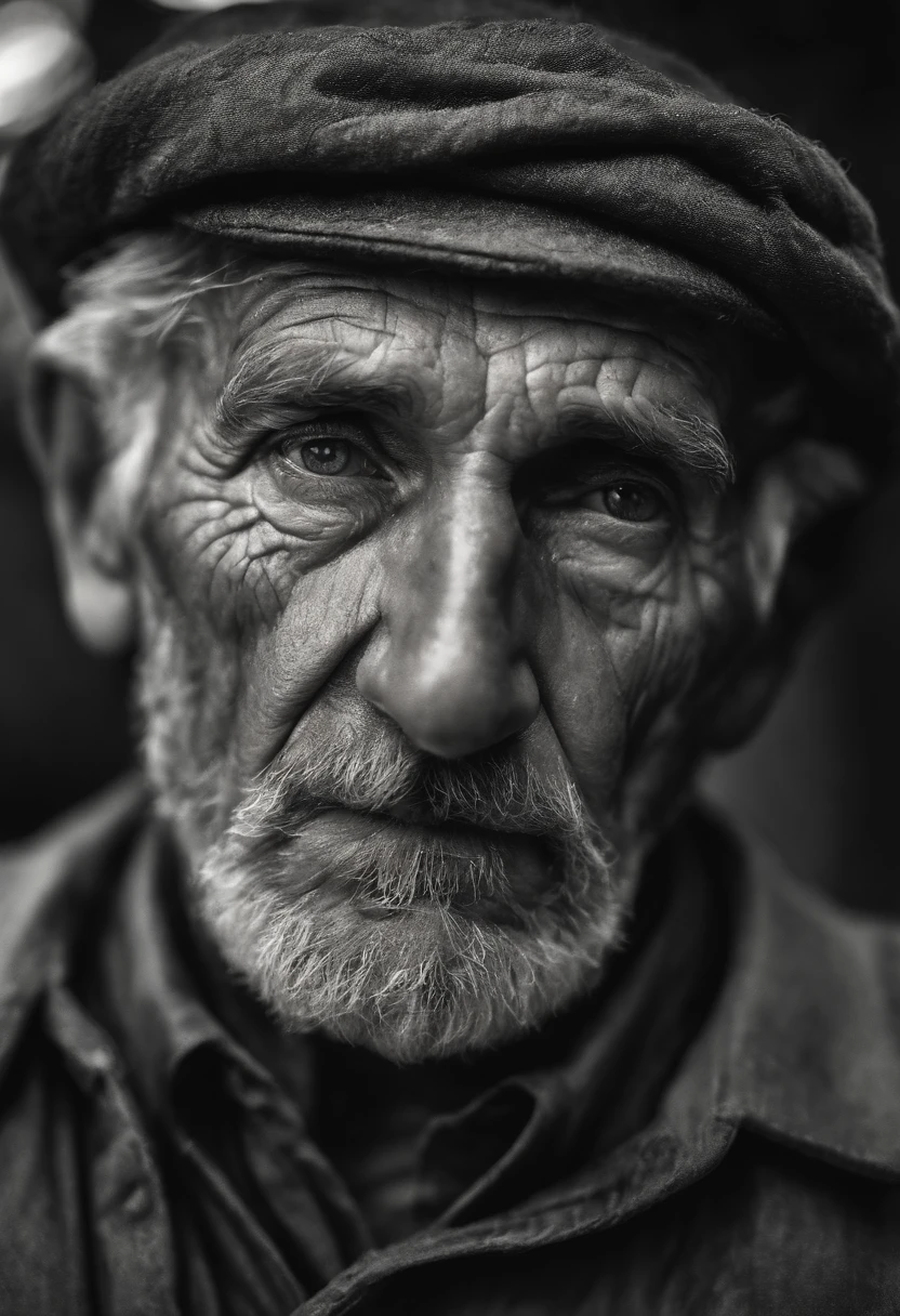 Weathered, a old man, Deep folds, Durable, weather-beaten, Aging appearance, Rough jawline, bushy beard, stubbles, Loneliness was engraved on his face, pensive expression, Strong gaze, A clear sign of a good life, Intricate web of scars and blemishes, Complex mechanical structures peep through damaged skin, Complex artificial nervous system, Intertwined wires and circuits, The eyes are filled with deep wisdom, Wrinkles are deeply etched, He felt visibly tired of facial features, Tears sparkled in his eyes, Surrealist depictions, Close-up view that emphasizes every detail, (b&Show on the, Monochromatic, Film photography:1.3),  Photorealistic, Hyperrealistic, ultra - detailed, film-noir, analogue style, hip is cocked, demure, low chest, Soft lighting, Subsurface scattering, Realistic, heavy shadow, Masterpiece, Best quality, Ultra photo realsisim, 8K, Golden ratio, Intricate, High detail, Film photography, Soft focus