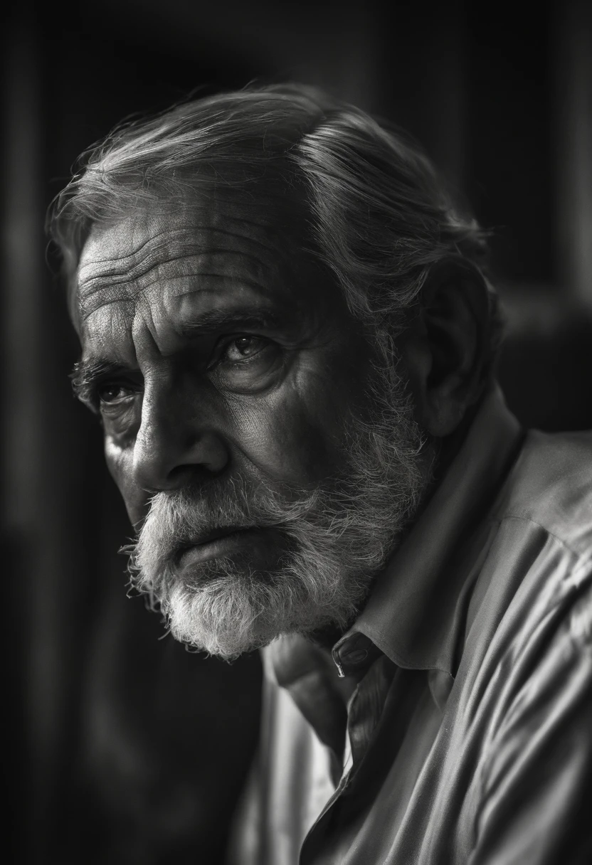 Weathered, a old man, Deep folds, Durable, weather-beaten, Aging appearance, Rough jawline, bushy beard, stubbles, Loneliness was engraved on his face, pensive expression, Strong gaze, A clear sign of a good life, Intricate web of scars and blemishes, Complex mechanical structures peep through damaged skin, Complex artificial nervous system, Intertwined wires and circuits, The eyes are filled with deep wisdom, Wrinkles are deeply etched, He felt visibly tired of facial features, Tears sparkled in his eyes, Surrealist depictions, Close-up view that emphasizes every detail, (b&Show on the, Monochromatic, Film photography:1.3), Photorealistic, Hyperrealistic, ultra - detailed, film-noir, analogue style, hip is cocked, demure, low chest, Soft lighting, Subsurface scattering, Realistic, heavy shadow, Masterpiece, Best quality, Ultra photo realsisim, 8K, Golden ratio, Intricate, High detail, Film photography, Soft focus