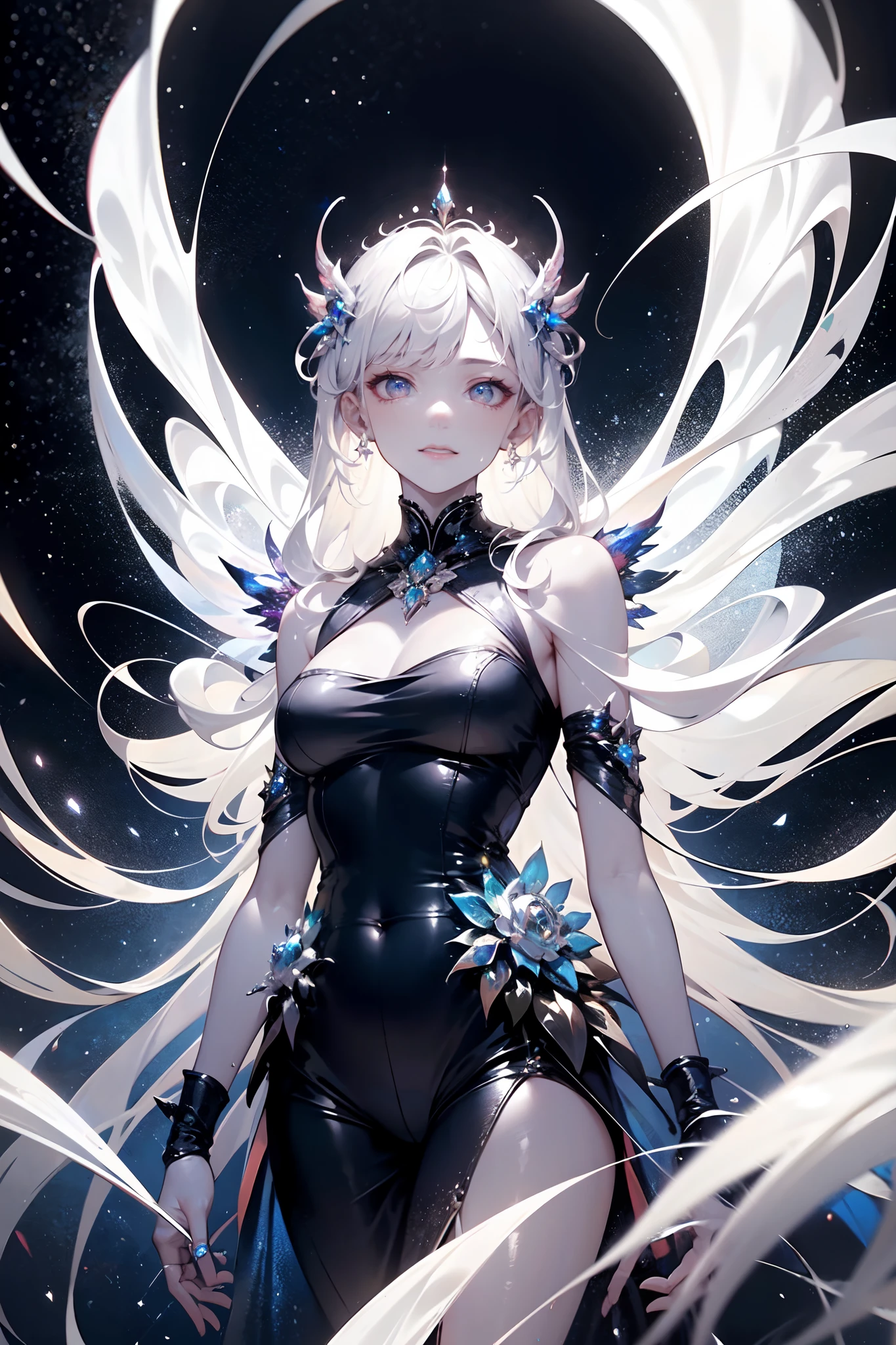 (rear view, backside view),{-erro_de_anatomy:1.0}, (La mejor calidad,A high resolution,Ultra - detallado,actual),Ariana Grande, highest quality, (perfect face:1.1, (high detail)1.1, sweet stardust vampire , long soft white hair, perfectly drawn face, black dress, stars detailed background, prismatic lighting, glitter, whole bod., Very sexy, walking, holding a crystal star in her hands, backwards, looking back, (ojos hermosos azules :1.4), (perfect anatomy:1.4),( fondo cristales de cuarzo gigantes:1.4), (detailed face:1.4),( mostrando su trasero hermoso grande), (no mutaciones),( lingerie negro :1.4 ), (convexo dedos detailed:1.4 )