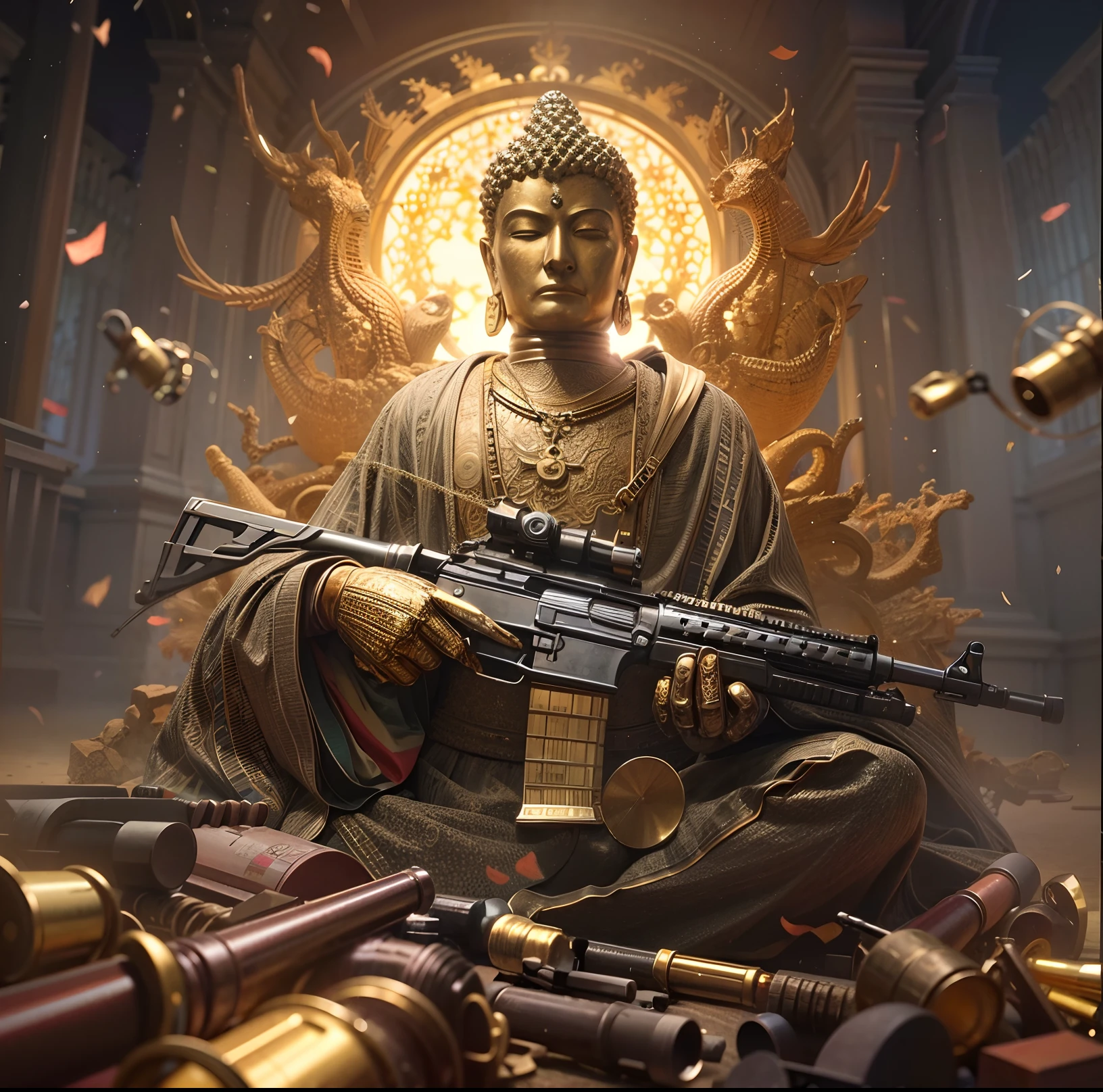 Golden Buddha statue，Gatling revolver machine gun，Shiny metal surface，intricate engraving，Serene expression，radiating with light，Ancient temple background，Smoke from the barrel，Bullet casings scattered on the ground，intense action，Contrasting elements of peace and violence，sacred aura，Ethereal atmosphere，Mysterious energy，delicate craftsmanship，A blend of ancient and modern history，vivd colour，dramatic lights， Dynamic composition，Divine and powerful presence，Meticulous attention to detail，Bigger than life，surreal atmosphere。（best qualtiy，A high resolution），sharp and clear focus，vivd colour，HDR-like effect，Professional-grade rendering，Ultra-detailed sculpture，Vibrant gold tones，Intense light and shadow，Well-planned textures，Realistic and captivating，Visually breathtaking。