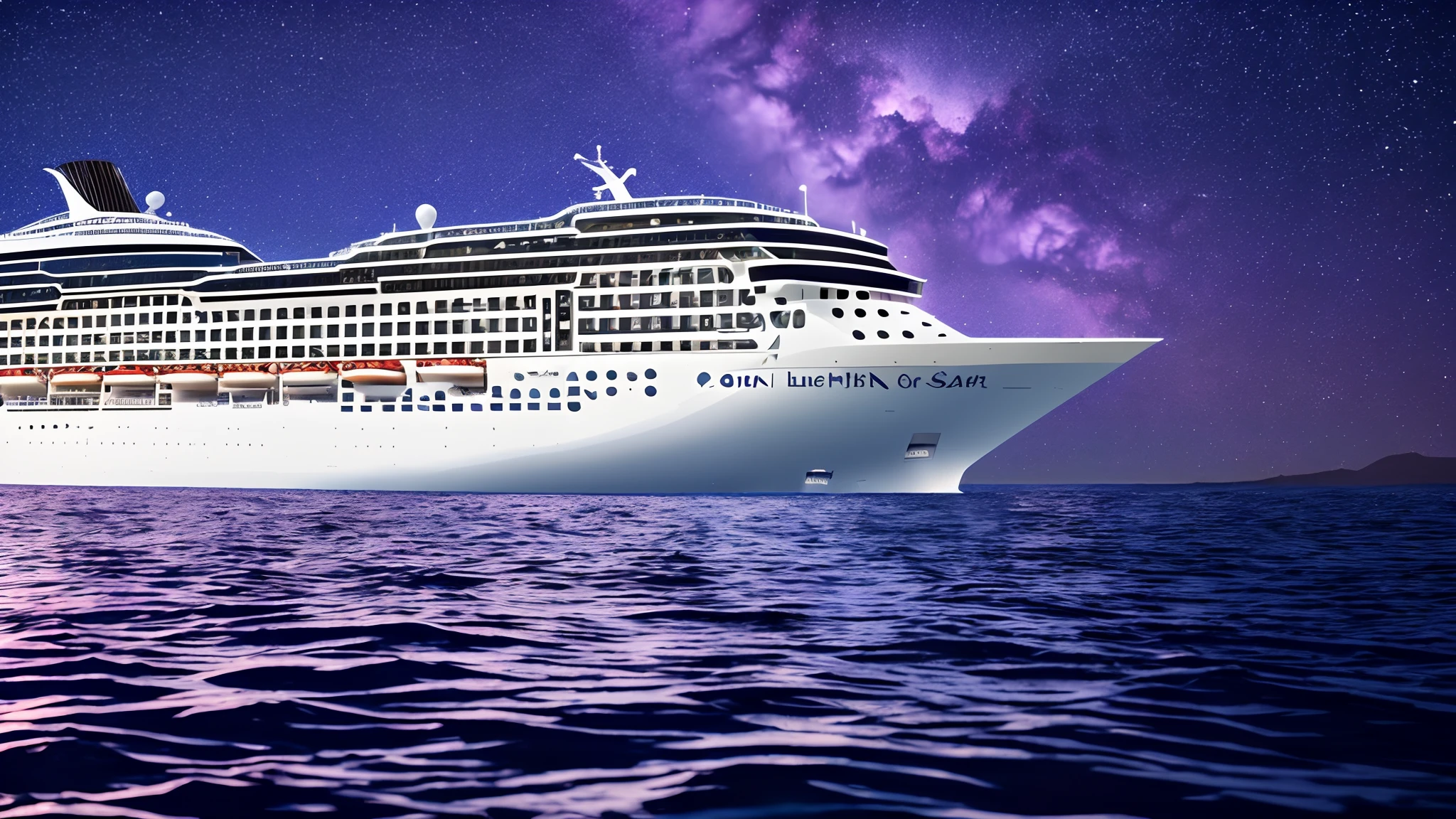 A huge cruise ship is sailing alone in the waters, blue waters, black sky, there are purple lightnings in the sky, high detail of the face, 8k --auto --s2