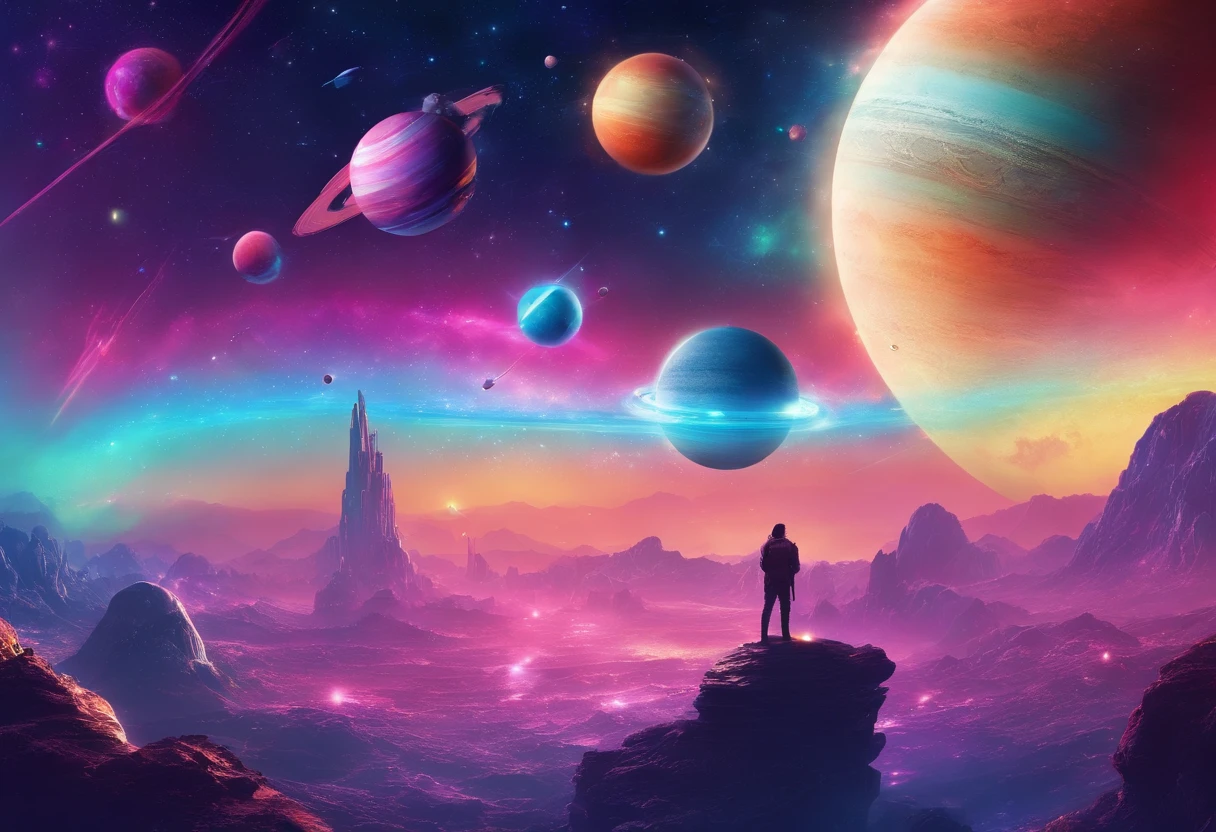 phantastic landscape on a foreign planet, a bright rainbow and planets with rings in the sky