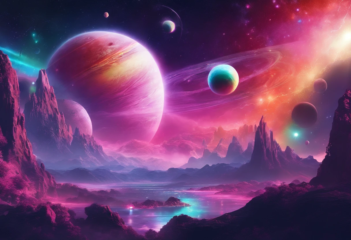 phantastic landscape on a foreign planet, a bright rainbow and planets with rings in the sky