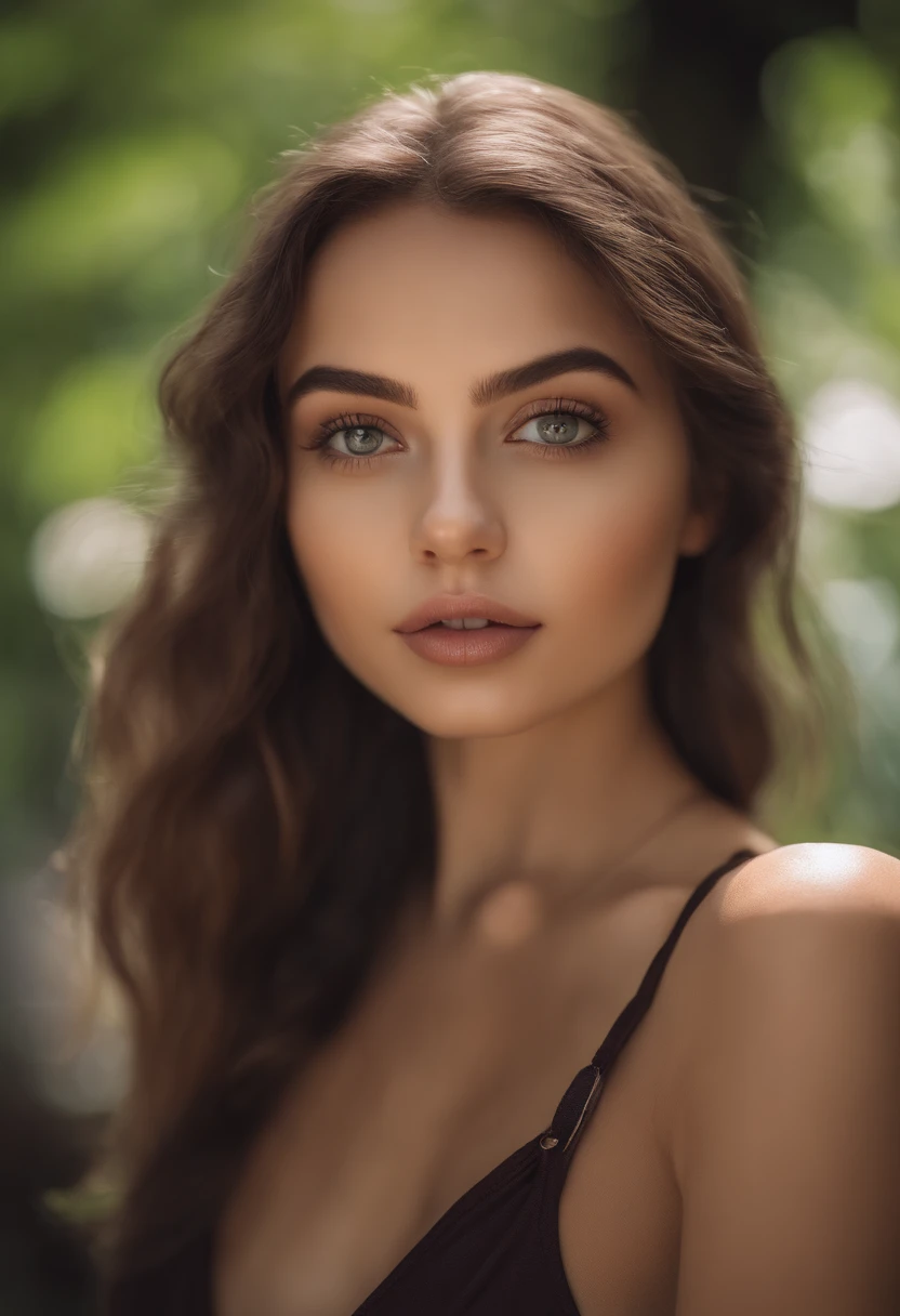 arafed woman with large breasts, sexy girl with green eyes, portrait sophie mudd, brown hair and large eyes, selfie of a young woman, bedroom eyes, violet myers, without makeup, natural makeup, looking directly at the camera, face with artgram, subtle makeup, stunning full body shot, piercing green eyes, beautiful angle, attractive pose, cute girl, sexy pose, full body picture, full body, full body shoot, brunette goddess, high detail, satisfied pose, beach, bikini