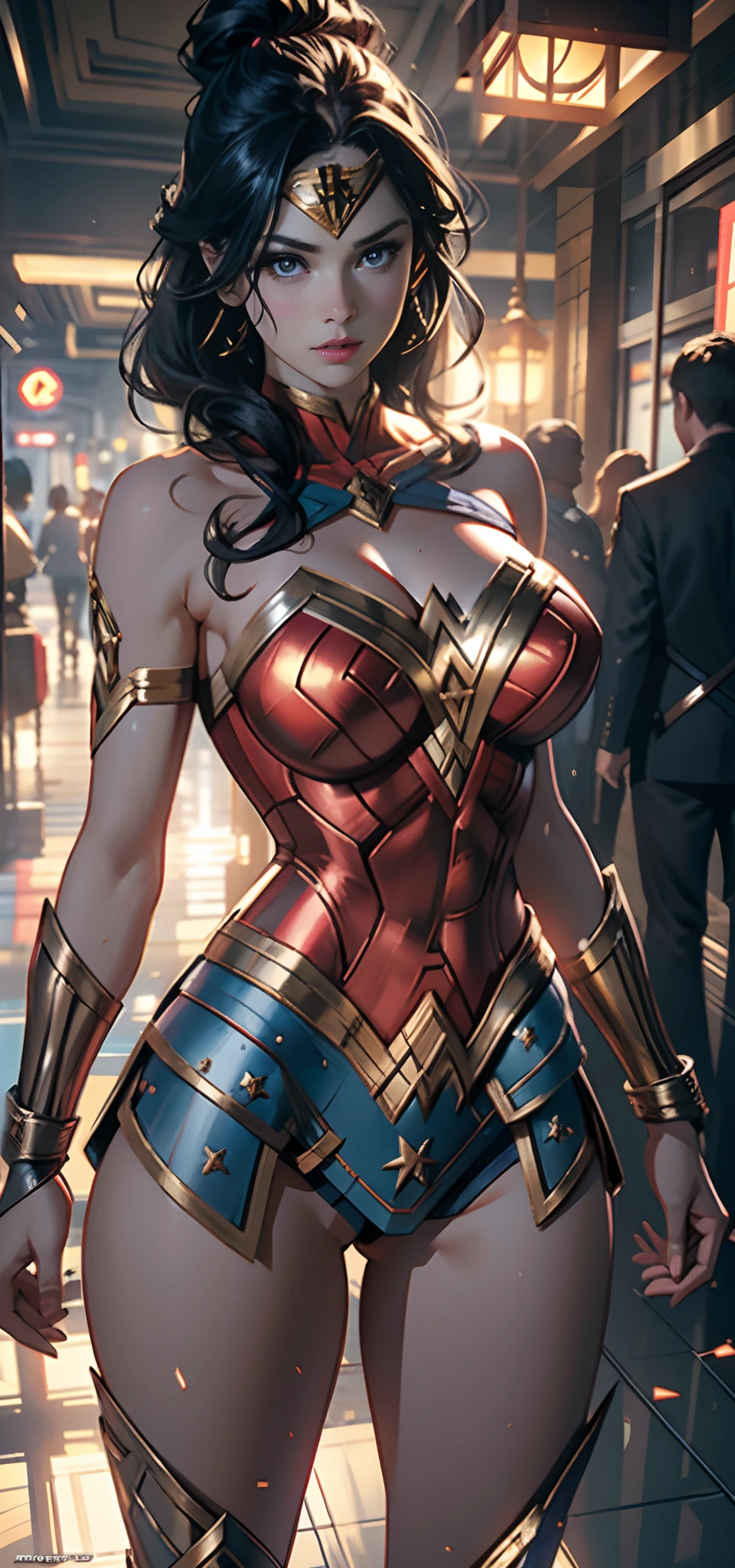 wonder women， photore， Soft and soft lighting， smooth detailed， octanerender， ArtStation Trends， hyper-high detail， Ultra photo realsisim， cinematic ligh，16k，，extremely large bosom，big breasts thin waist，long leges，nakeness，比基尼