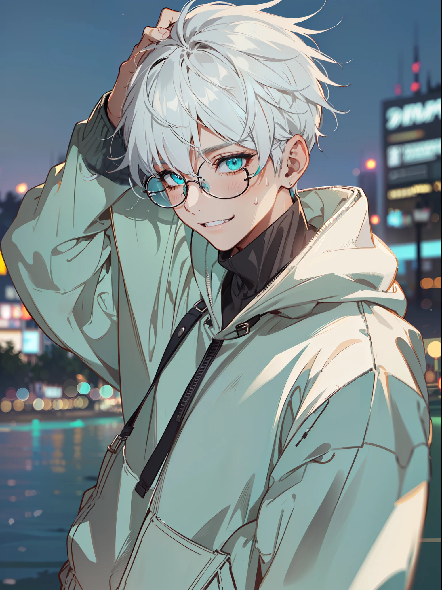 ((Highest Quality, Masterpiece, 4k, Finely detailed, A detailed eye, Detailed Face, gelbooru, pixiv)), ((独奏)), 1 male, (a handsome, male, adult man, wide shoulders), (Smiling, Showing fangs, looking a viewer), ((lazy eyes, Tired eyes, With half lid, bags under eyes, turquoise eyes, Stylish glasses,((Dark hoodie, sweatpants)), ((white colored hair, quiff)),shaved temples, (night city background, standingn, Shoving his hands into the pockets of his hoodie)