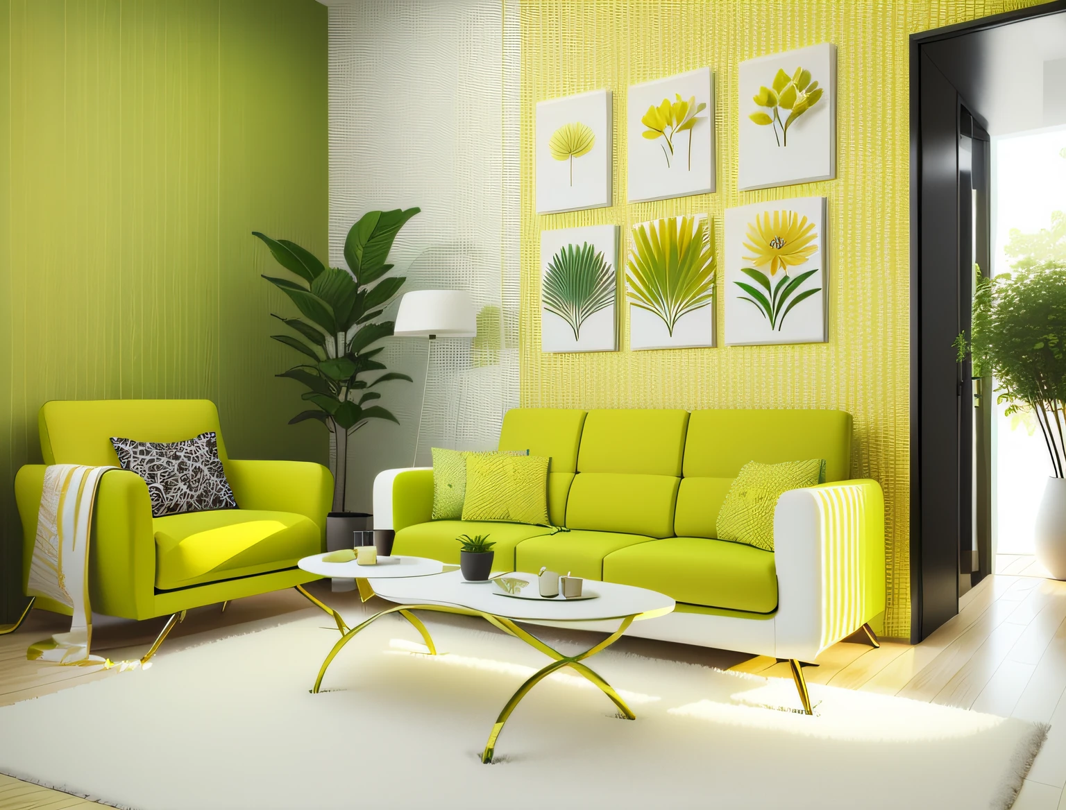 yellow sofa, green wall colour, and white floor, modern look
