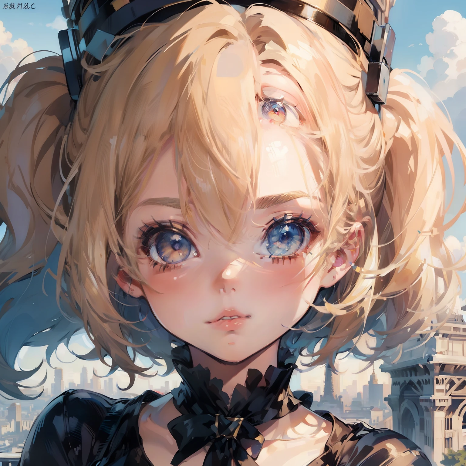 masterpiece, close up, digital paint, (Cute girl, 20 years old, blond short hair, ((eyes manga style))), at the top of eiffel tower in paris by Jim Lee. 1990s \(style\),