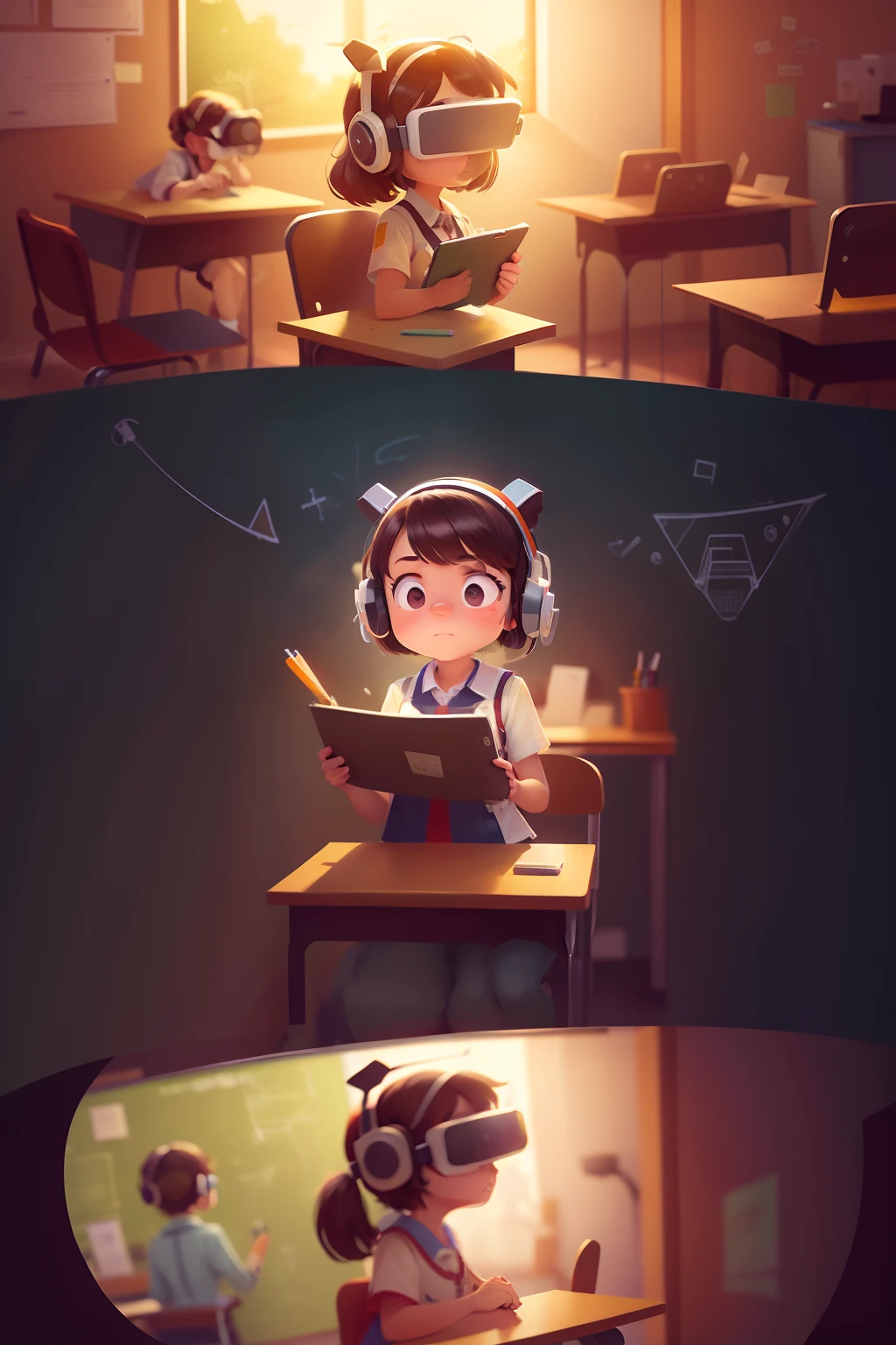 Teachers and students in the classroom, Decorated with pictorial elements, Some students are operating drones, Some students are using cartographic tools, Some students are playing with virtual reality, The teacher is taking pictures of the students with a video camera. Cartoon image with bright background、plethora of colors, Rich detail background with digital media art elements