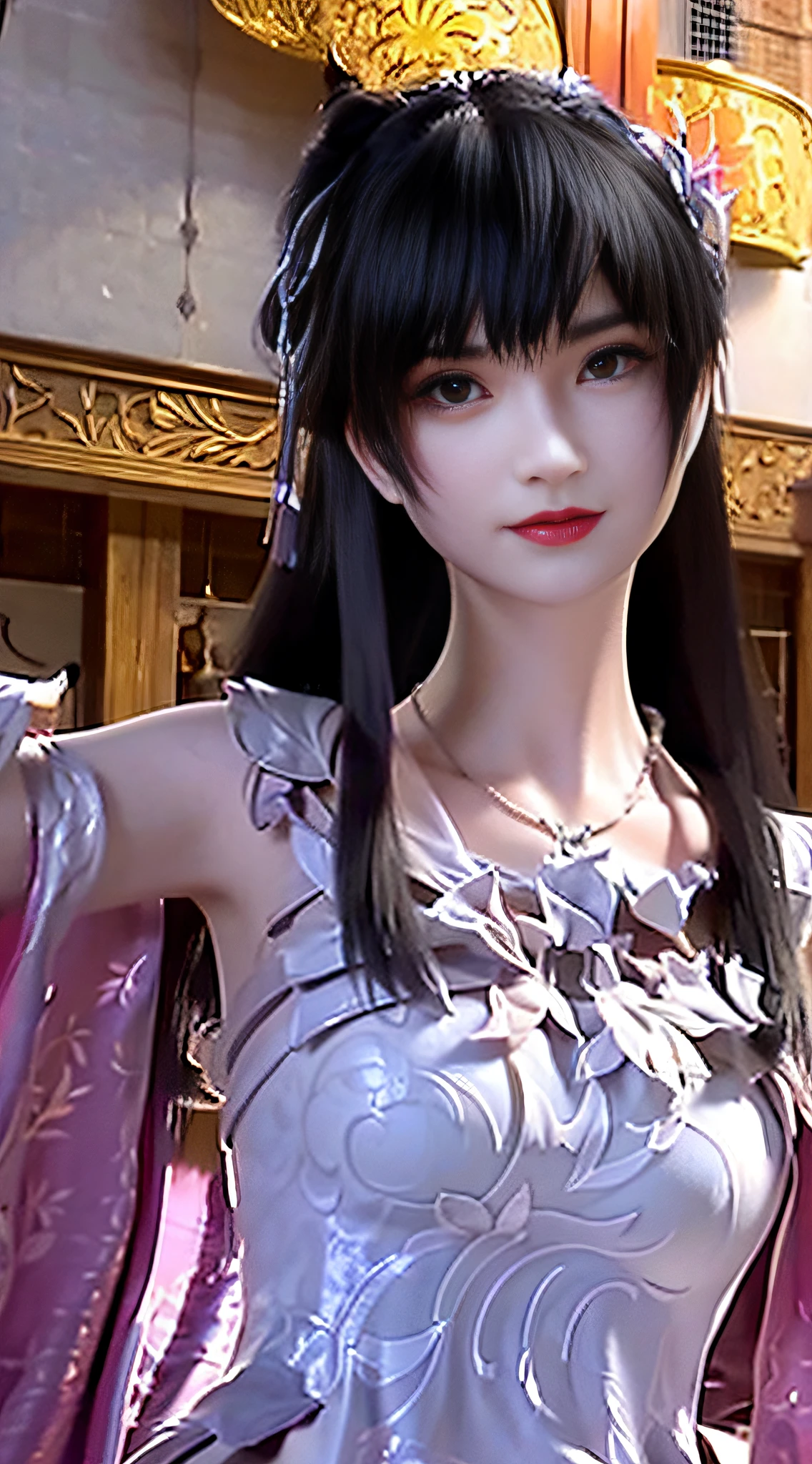 Masterpiece,Best quality,8K,Ultra detail,Depth of field,
Detailed face,,NSFW,Beautiful detailed eyes,Shiny skin,Sexy, 
1girll,china dress,Beautiful face, hair adornments, Solo,view the viewer,Smile,Closed mouth,Lips, dress,hair adornments, necklace, jewelry, Long hair, Earrings, Chinese clothes, architecture,east asian architecture,