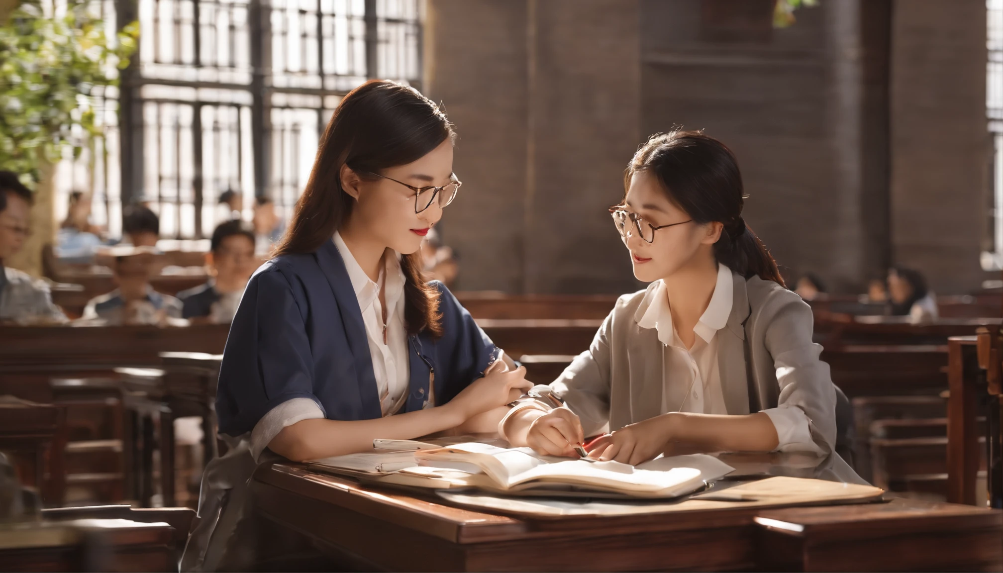 chineseidol,Chinese University,UAVs,A student flying a drone,Female college student wearing virtual glasses,Male college student being recorded,A boy sitting at a desk sorting out his materials,group portraits,high detal,tmasterpiece,University life,A girl sketches next to her