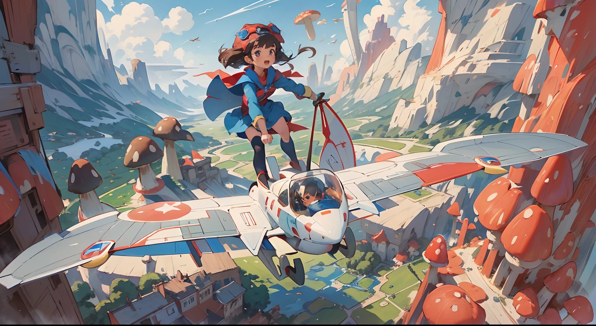 A girl in a blue dress and a red cape was (gliding:1.5) in the sky, using a Mehve, a glider-like aircraft. She was exploring the world and communicating with nature in a post-apocalyptic setting, where the land was polluted and covered by a vast sky.(mushroom on head:1.3),