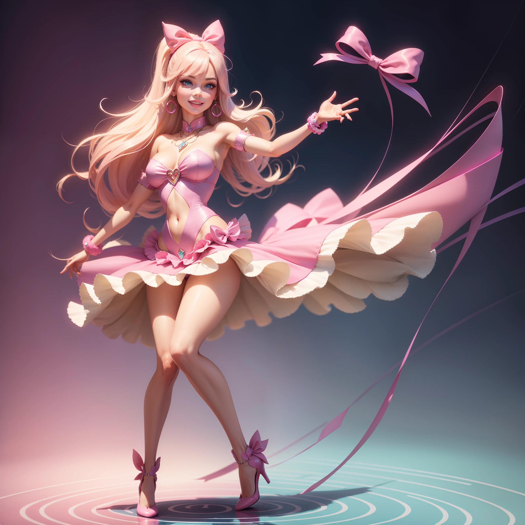 Barbie, ((Full body)), Blue eyes, Smiling face, Hair loss swaying in the wind, Hip Hop Singer Pose, Dressed in hip-hop style, Wearing a pink salopette that reflects light,swarovski,pasties,With a pink bow on the arm, Fashion, Extremely high quality, high details, 8K, clean back ground, in studio, ((Full body shot)),Align your fingers neatly,Accurate Hand Modeling,wave her hand,