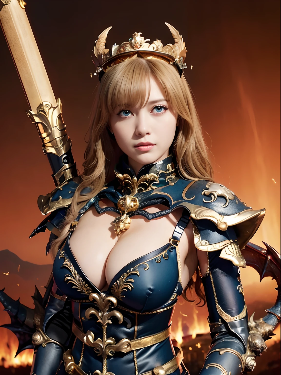 Professional , masterpiece、top-quality、photos realistic , depth of fields 、(Dragon Black Metal Body:1.9),(Matte Blue Black、(Night World)、(cleavage of the breast)、Dragon Gold Weapon、(Micro Bikini Armor:1.4),Gorgeous gold weapons ,(Fight dragons)、Seductive look、(( Dragon's dense and gorgeous sword)) , (demonic wings) ,Detail and gorgeous crown、((a blond))、(Castle background)、((Gangle's forest background))、Beautiful Caucasian beauty、1a person、dynamic ungle,(((Detailed and ornate dragon helmet)))、Smaller head、A smile、Castle background、Thin and beautiful female hands、cleavage of the breast、Soldier in iron armor on background、Mystical expression、Light Effects、intense fighting、Wind-effect、magic circles、With the legendary magic wand、Dragon's tail、