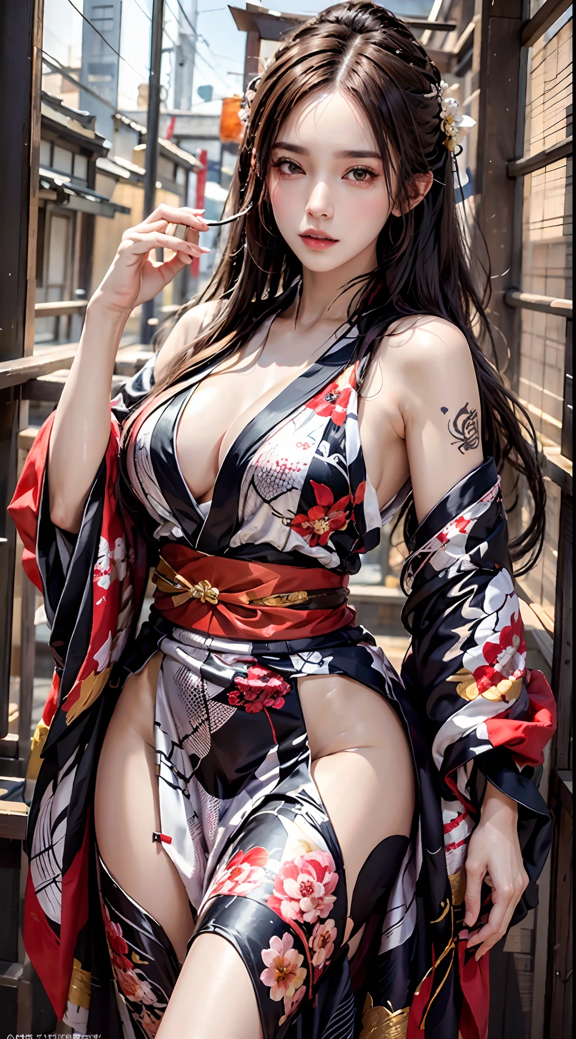photorealistic, high resolution, 1women, mature female, solo, hips up, long hair, tattoo, wearing kimono_clothes