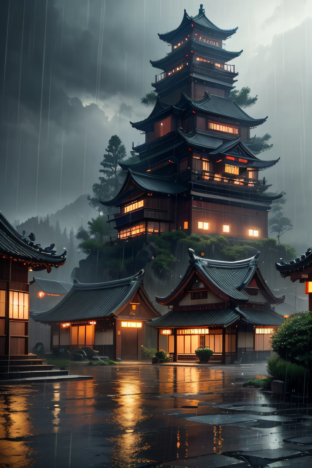 arafed view of a village with，There are a lot of lights on the building, dreamy Chinese towns, Chinese village, amazing wallpapers, japanese town, Japanese village, hyper realistic photo of a town, old asian village, Japan city, by Raymond Han, rainy evening, cyberpunk chinese ancient castle, Beautifully lit building, at evening during rain, Beautiful and aesthetic, Photography, Cinematic, 8K, high detal ((heavy rain)))