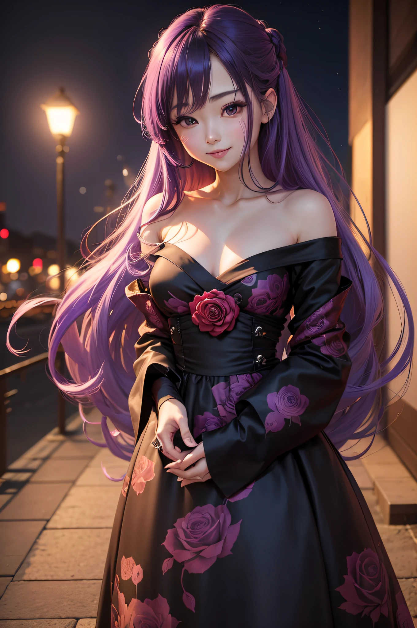 Cute One Girl, (Very small breasts:1.2), Longhaire, Gradient Hair Purple, the whole, japanes, Sauvage Hair, An ultra-high picture quality, ultra-quality,Raking up your hair with your fingers, Happy smile, Beautiful night view, (Black red rose pattern dress), Live-action adaptation, in 8K,