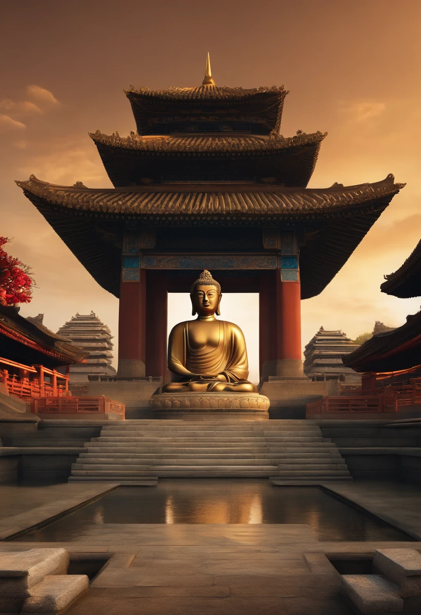 tmasterpiece，Huge stone Buddha statue in the distance，There are steps leading to it, a Buddhist Buddha,(Zen temple background:1.2), Buddhism, digital painting of a pagoda, Buddha, Buddhist, Temple background, background artwork, inspired by Kaigetsudō Anchi, buddhist art, bodhisattva, Beautiful rendering of the Tang Dynasty, 4k highly detailed digital art, asian hyperdetailed