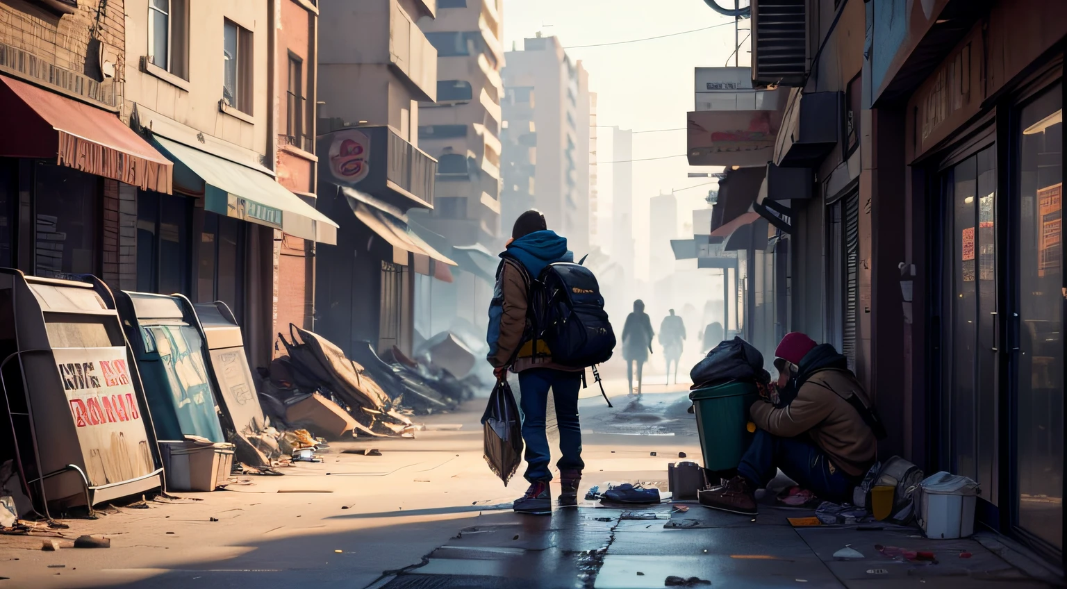homeless on the Streat looking for food in the bin in cyberpunk city destroyed