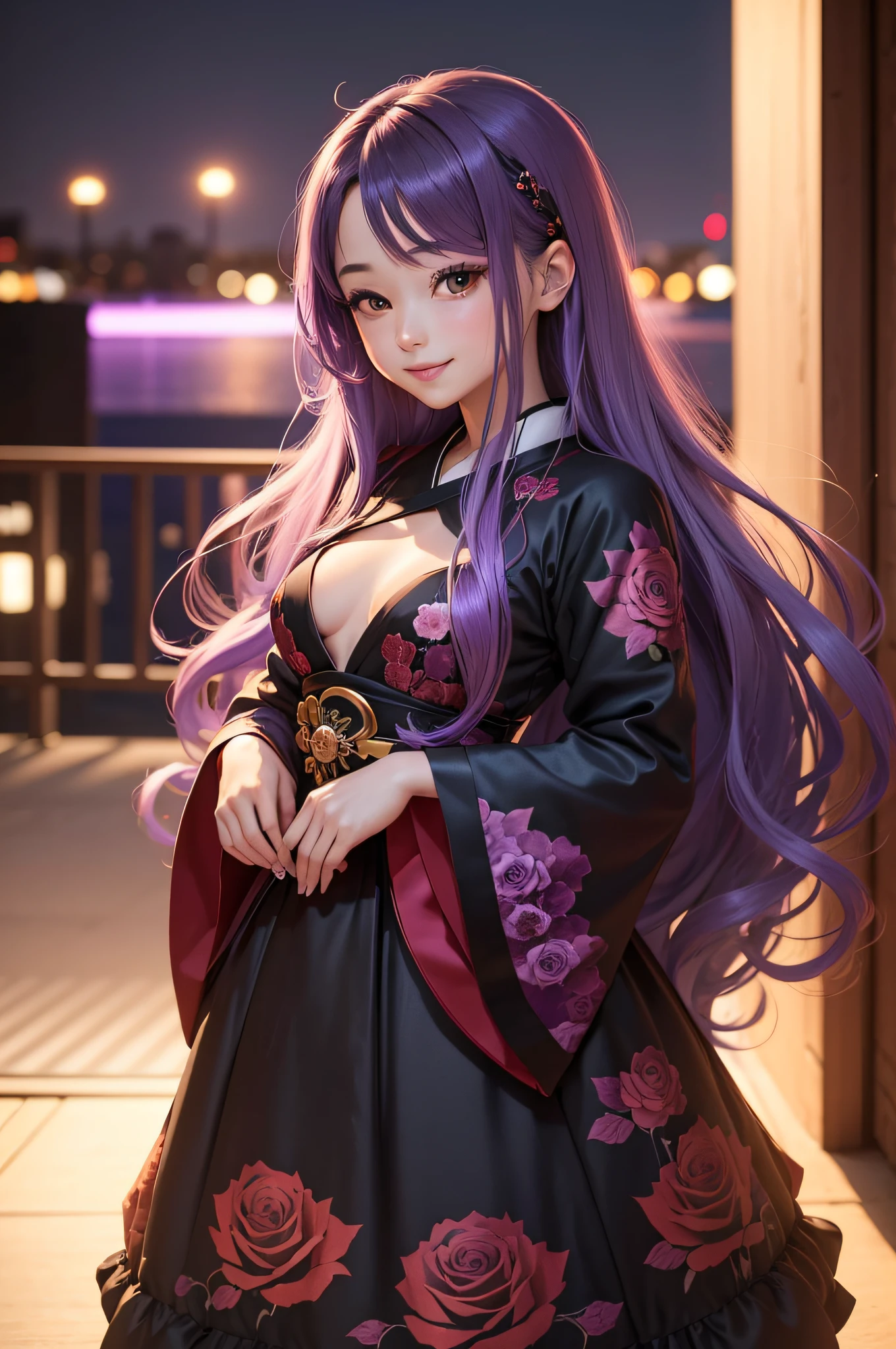 Cute One Girl, (Very small breasts:1.2), Longhaire, Gradient Hair Purple, the whole, japanes, Sauvage Hair, An ultra-high picture quality, ultra-quality,Raking up your hair with your fingers, Happy smile, Beautiful night view, (Black red rose pattern dress), Live-action adaptation, in 8K,