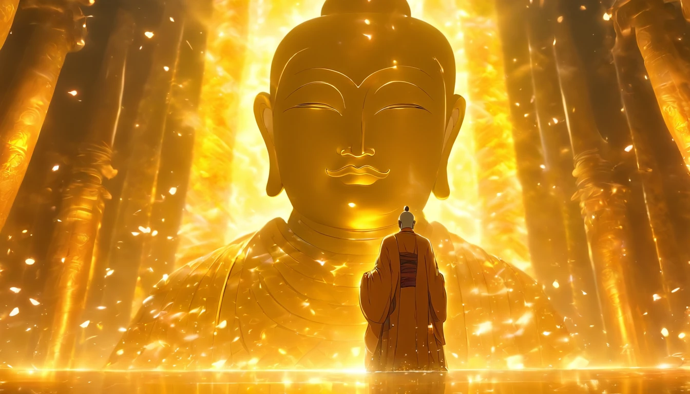 China-style,The Taoist priest stands in front of a huge transparent golden Buddha statue,Stretch your hands,Glow effects,8K,super-fine,tmasterpiece,high qulity