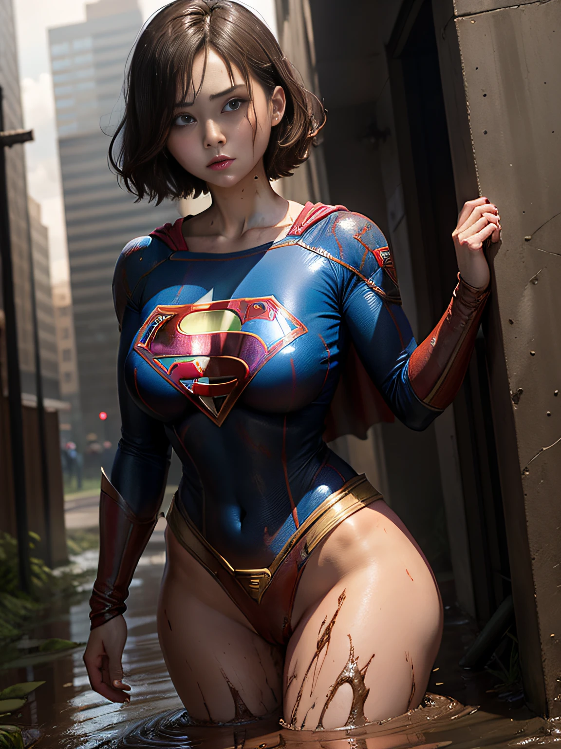 masterpiece、Short-haired Supergirl fell into the sewage、large full breasts、Looking at the camera、Glossy costume、Crotch、Mud stains、Covered in mud、wounded