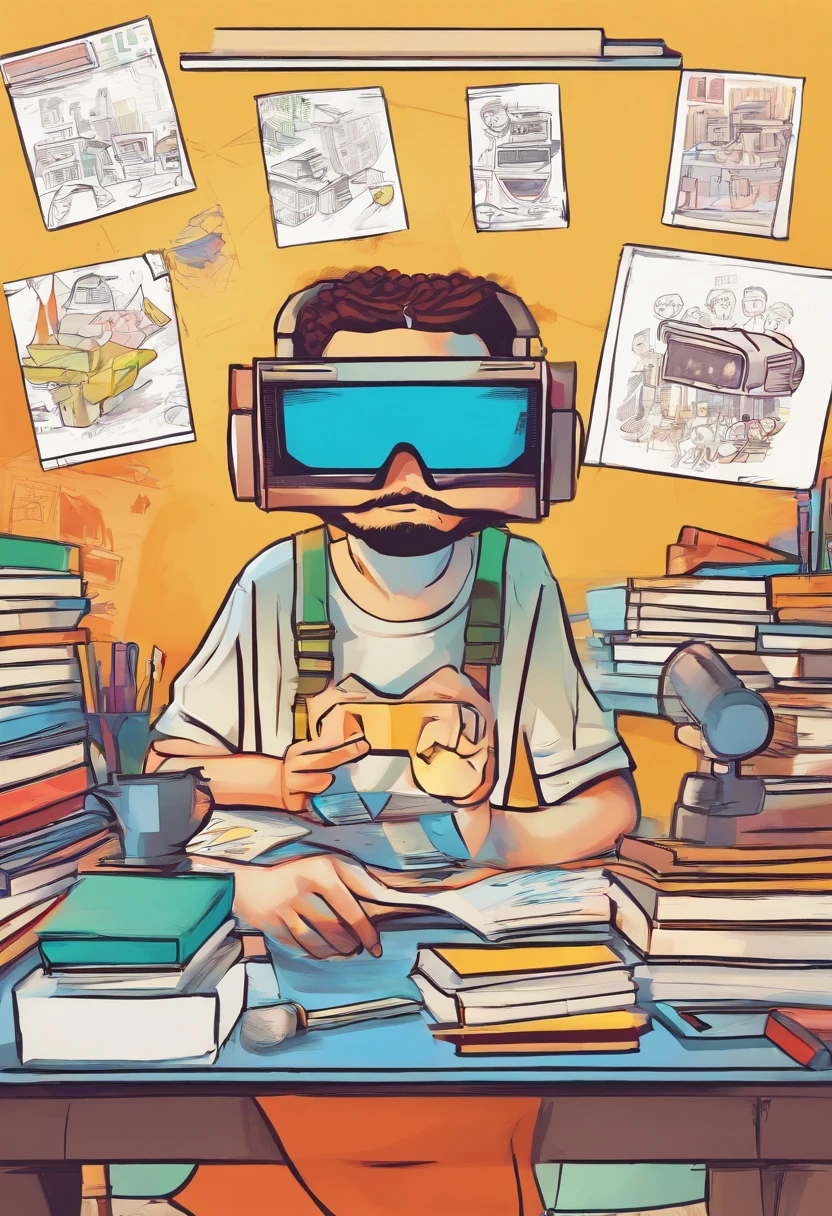 Cartoon character wearing VR glasses，In class，There is a camera，Pigment box，There are interior design drawings on the table，UAVs，cartoon image，plethora of colors，Be positive