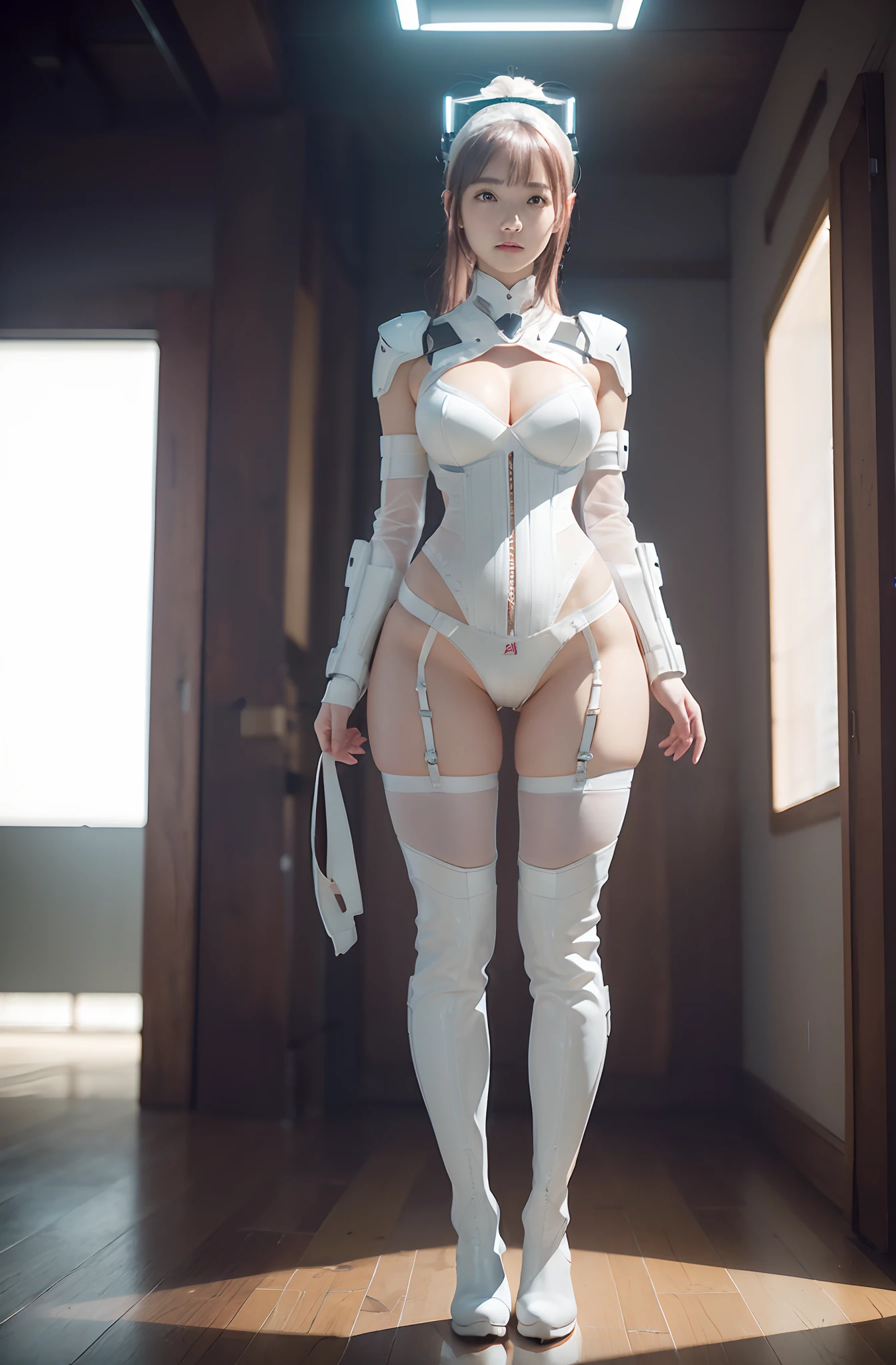 (Photorealsitic:1.5), Future Girl, japanes,(thick body), ((dark maroon hair))、(White bodysuit) ,lights on armor, Cybernetic Headwear, Exposure of the abdomen,23years old、Standing Pose、Full body like、((Sci-fi details and worldview))、(((White bustier、garterbelts、Arm Cover、White panties&bura、Transparent Panty House、Long White Leather Boots)))、Looking at the camera, dynamicposes, scientific fiction, nffsw, Ray traching, NVIDIA RTX, Hyper-Resolution, Unreal 5, Sub-surface scattering, PBR Texturing, post processed, Anisotropy Filtering, depth of fields, Maximum clarity and sharpness, thirds rule、(Luminescent particles:1.4)、(extremely details CG、Unity 8k Wallpapers、。.3D、lighting like a movie、lensflare)、Reflectors、foco nítido、Cyberpunk Art、Cyberpunk architecture、 Standing Pose、Full body like、((Sci-fi details and worldview))、Looking at the camera、Shining eyes、ssmile、Constricted waist、enchanting posture、sexy pose、Rembrandt rays、Soft light、Simple background、Dark background、realistic representation of face、(top-quality、Nikon RAW Photos、8 K、Kodachrome、masterpiece、超A high resolution)