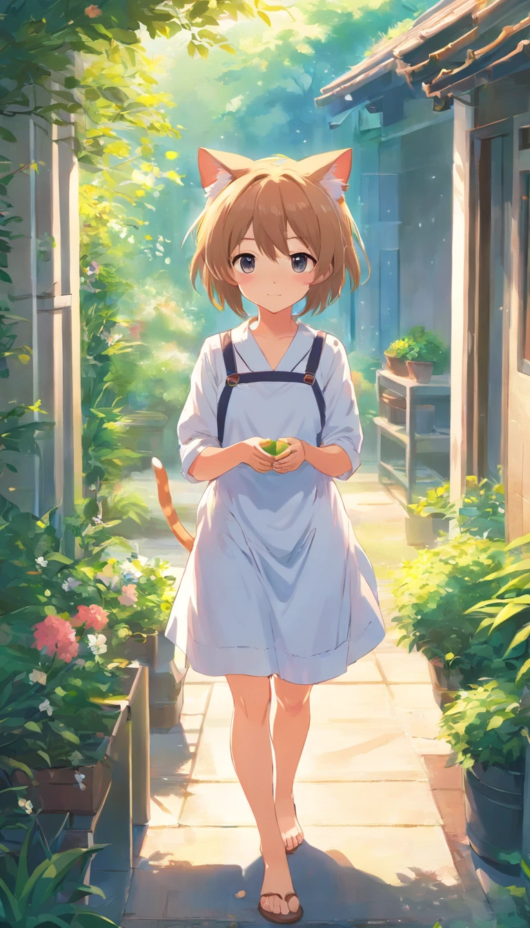 Anime cat ear boy standing in garden in white dress, Make breakfast in the kitchen,loli in dress, small curvaceous loli, Guviz-style artwork, Guweiz in Pixiv ArtStation, Guweiz on ArtStation Pixiv, Guviz, small loli boy, Soft anime illustration, Anime visuals of cute boy, Detailed digital anime art、Cookinginthekitchen,