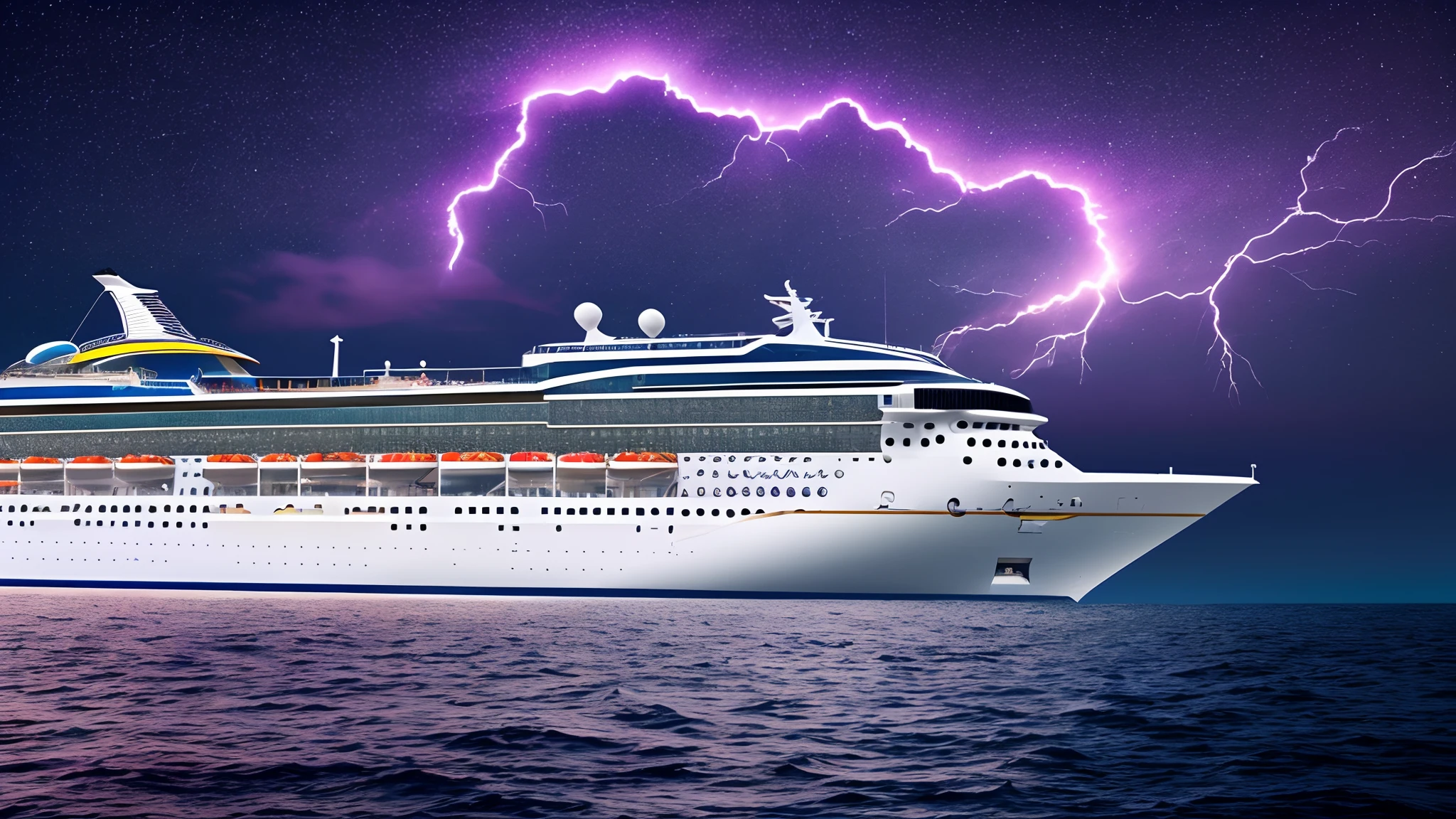 A huge cruise ship is sailing alone in the waters, blue waters, black sky, there are purple lightnings in the sky, high detail of the face, 8k --auto --s2