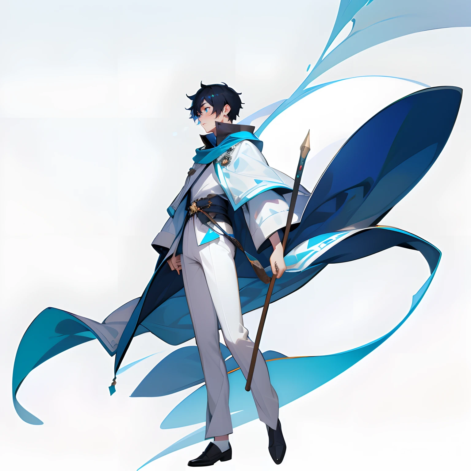 Explorer,Full-body image、male people、without background、Plain background、Silent atmosphere、white clothes、Holding a wand、Characteristic appearance