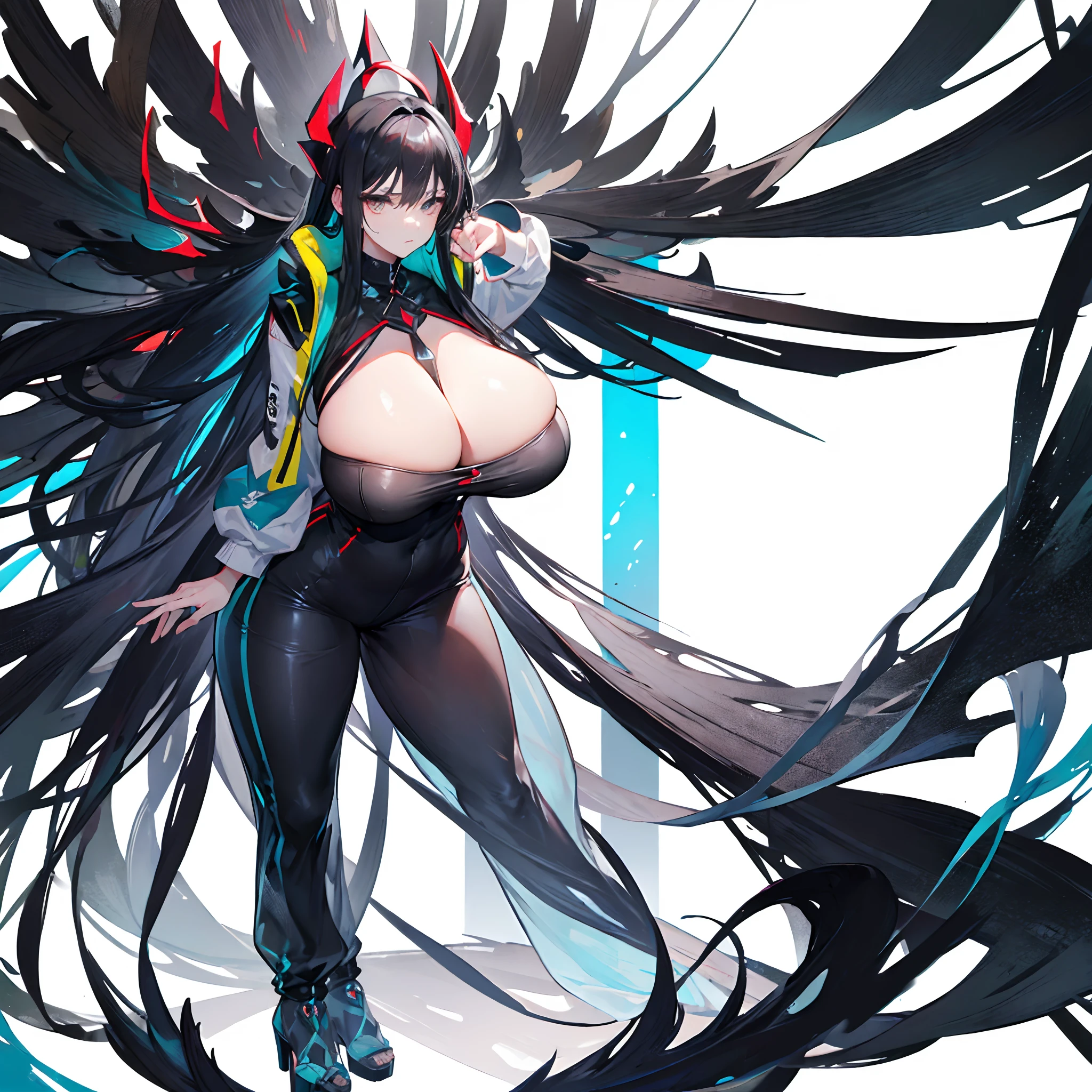 (gigantic breasts:1.5),(standing),(solo),(white background),Long black hair,Black colored eyes,Stand up,The right hand crosses the waist,Transparent clothes,Transparent sweatshirt,Transparent flared pants,Clear pants,heeled sandals,serious expressions