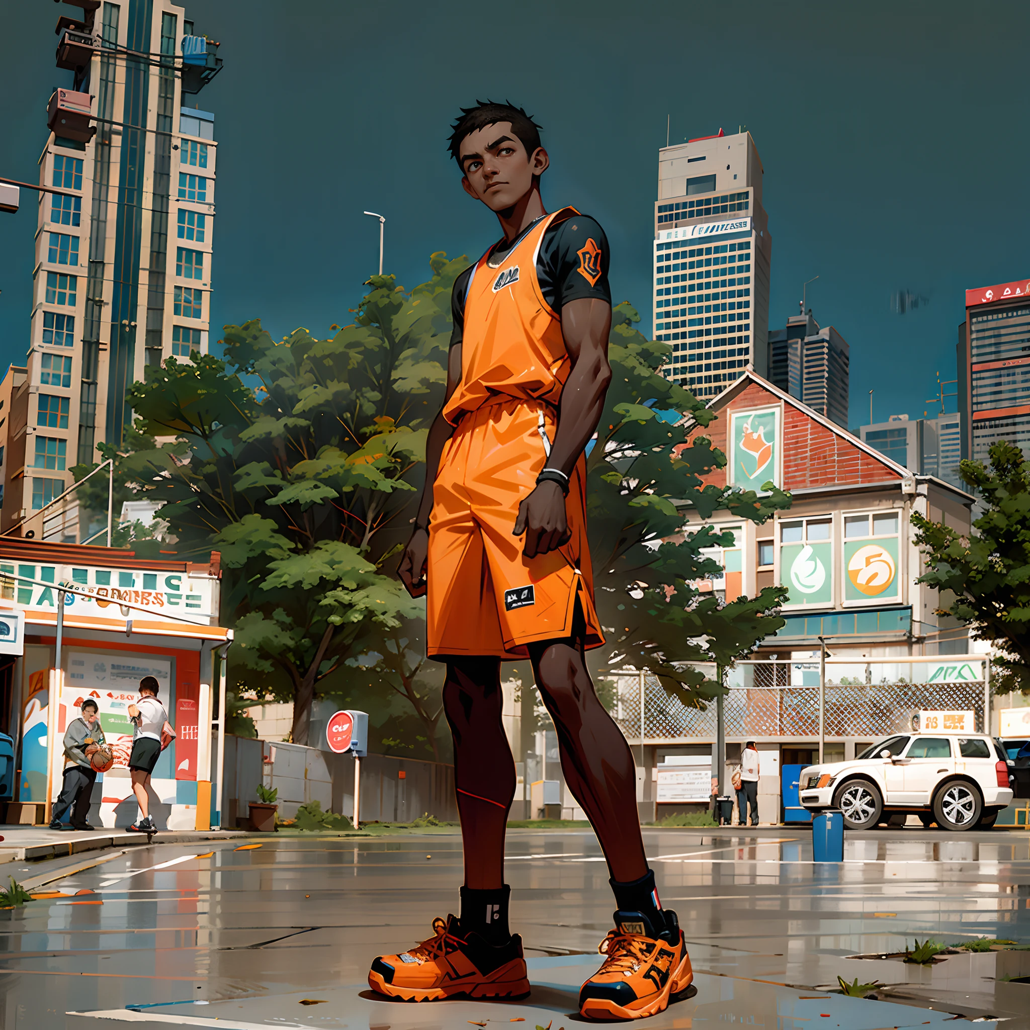 There's a man standing on a basketball court with a basketball, standing in a city center, standing in a city street, tiro de corpo inteiro hiperdetalhado, standing in township street, standing on a township street, Conceptual art of basketball tennis, Personagem altamente detalhado, Roupas realistas, standing in street, inspirado em Jordan Grimmer, standing in the streets, heron preston