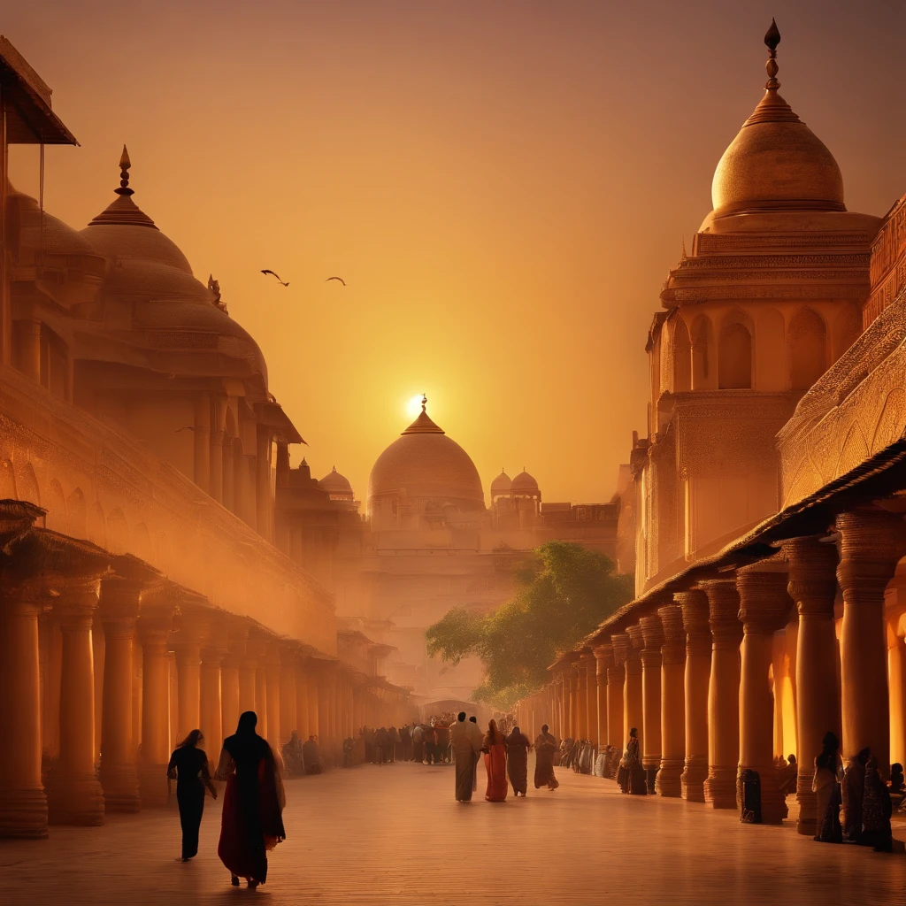(best quality,4k,8k,highres,masterpiece:1.2),ultra-detailed,(realistic,photorealistic,photo-realistic:1.37),fantastic eastern city,minarets,stunning detailed architecture,illuminated streets,mystical sky,glowing stars in the evening,ornate domes,tall towers,reaching airships in the sky,soft and dreamy pastel colors,enchanted atmosphere,lush gardens,exotic trees and plants,cascading water fountains,impressive gateways,richly decorated market stalls,bustling street vendors,traditional music filling the air,aromatic spices wafting through the streets,peaceful and serene ambiance,delicate lanterns casting a warm glow,grand celebrations happening in every corner,diverse and vibrant city life,ancient traditions blending with modern influences,hidden alleyways leading to hidden treasures,elegant and beautifully dressed locals,graceful movements and dances,exploration and discovery at every turn,gorgeous sunset casting a golden light over the city.