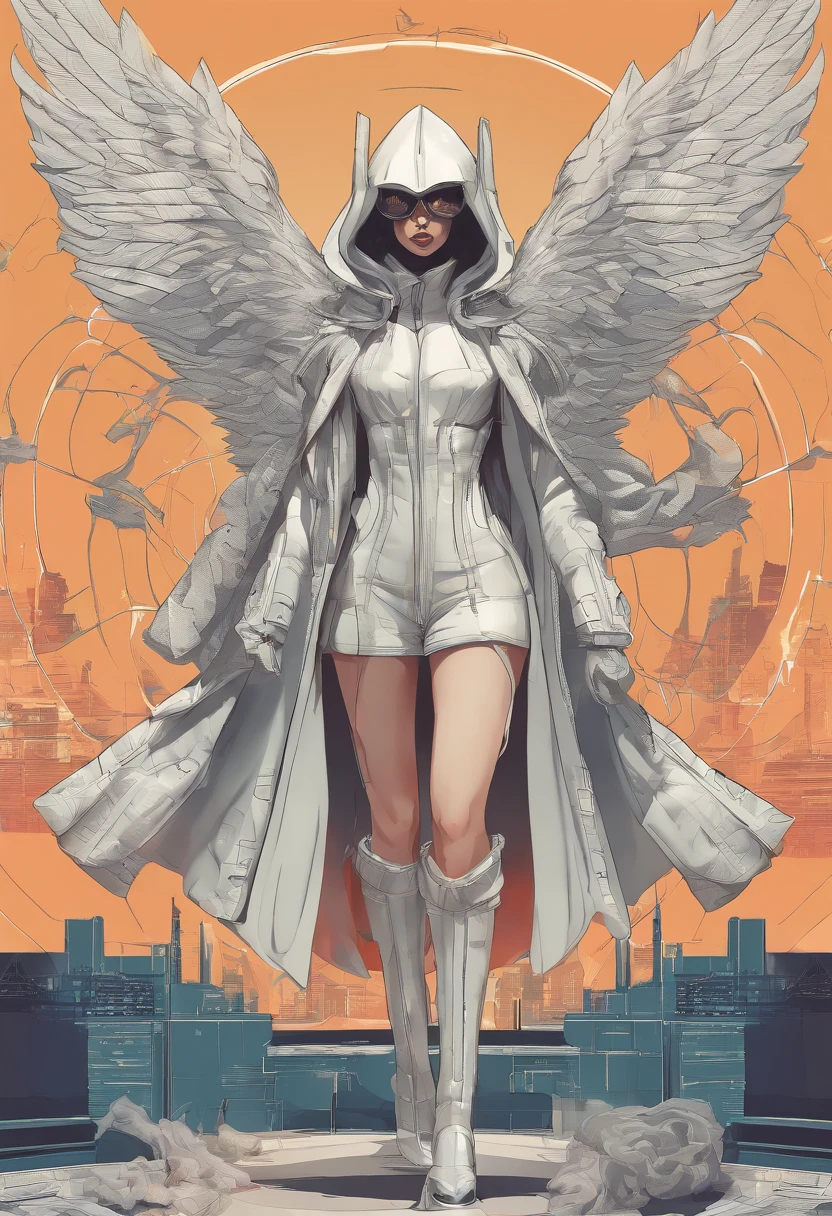 Create an ultra-wide photo of an angel wearing a cyberpunk-style coat and hood, against an abstract post-apocalyptic background. The overall style of the image should be minimalist with an Artgem touch. The angel should be rendered in a warrior and angelic style with a focus on creating a sense of hope and reconstruction. The cyberpunk coat and hood should be rendered in high detail, with a focus on capturing the texture and style of the clothing. Huge wings. The background of the image should have an abstract design, with a focus on creating a sense of depth and contrast with the foreground. The image should be rendered in wide format, with a focus on creating a sense of scale and drama in the scene.