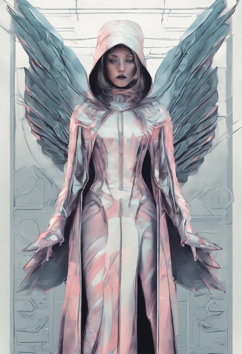 Create an ultra-wide photo of an angel wearing a cyberpunk-style coat and hood, against an abstract post-apocalyptic background. The overall style of the image should be minimalist with an Artgem touch. The angel should be rendered in a warrior and angelic style with a focus on creating a sense of hope and reconstruction. The cyberpunk coat and hood should be rendered in high detail, with a focus on capturing the texture and style of the clothing. Huge wings. The background of the image should have an abstract design, with a focus on creating a sense of depth and contrast with the foreground. The image should be rendered in wide format, with a focus on creating a sense of scale and drama in the scene.