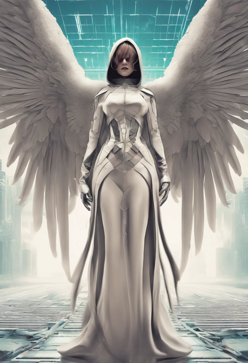 Create an ultra-wide photo of an angel wearing a cyberpunk-style coat and hood, against an abstract post-apocalyptic background. The overall style of the image should be minimalist with an Artgem touch. The angel should be rendered in a warrior and angelic style with a focus on creating a sense of hope and reconstruction. The cyberpunk coat and hood should be rendered in high detail, with a focus on capturing the texture and style of the clothing. Huge wings. The background of the image should have an abstract design, with a focus on creating a sense of depth and contrast with the foreground. The image should be rendered in wide format, with a focus on creating a sense of scale and drama in the scene.