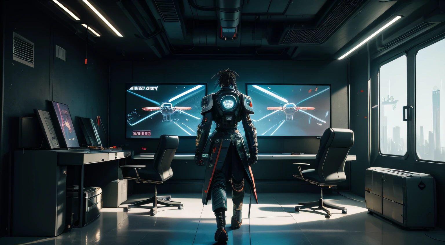 High-tech cyberpunk city,Robot with VR eyes,painting of a,UAVs,camera,inside in room