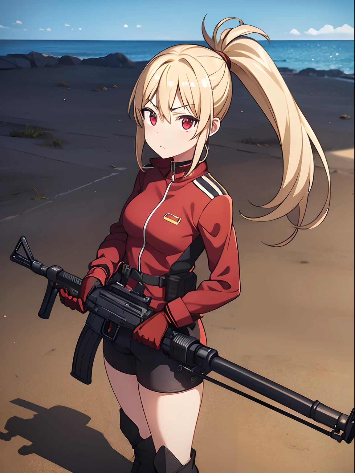 1girl, folded_ponytail, gloves, gun, blonde hair, red eyes, military, leotard, bare legs, rifle, sky, solo, boots, weapon, looking at viewer, masterpiece, best quality,