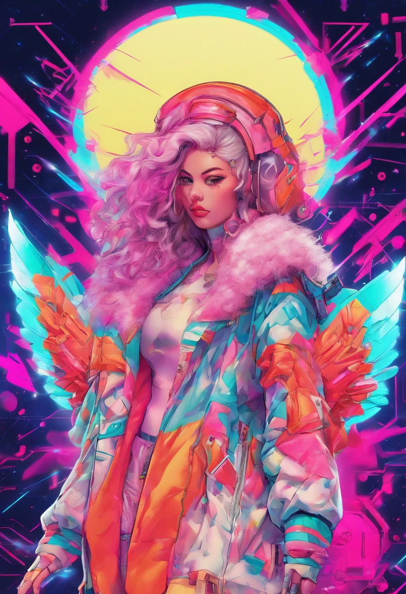 Create an ultra-wide photo of an angel wearing a cyberpunk-style coat and hood, against an abstract post-apocalyptic background. The overall style of the image should be minimalist with an Artgem touch. The angel should be rendered in a warrior and angelic style with a focus on creating a sense of hope and reconstruction. The cyberpunk coat and hood should be rendered in high detail, with a focus on capturing the texture and style of the clothing. Huge wings. The background of the image should have an abstract design, with a focus on creating a sense of depth and contrast with the foreground. The image should be rendered in wide format, with a focus on creating a sense of scale and drama in the scene.