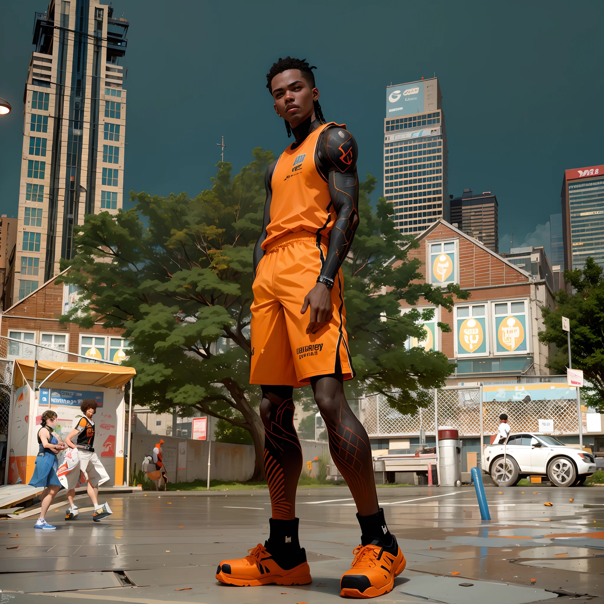 1man in basketball clothes, Cyberpunk 2 0 and. the afro man model, in cyberpunk style, in a cyberpunk setting, in cyberpunk city, cyberpunk style clothing, hyper-realistic cyberpunk style, cyberpunk clothing, cyber punk setting, fashionable cyberpunk mechanoid, in cyber punk 2077, ultra-realistic 8K cyberpunk art