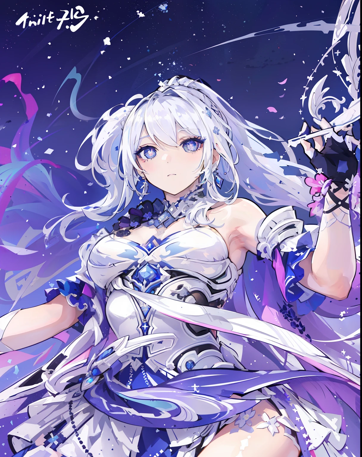 best quality,highly detailed,masterpiece,ultra-detailed,solo,(1girl),(Delicate eyes),(white background:1.3),breasts,dress, earrings,blue_eyes,symbol-shaped_pupils, ponytail,jewelry, very_long_hair, looking_at_viewer