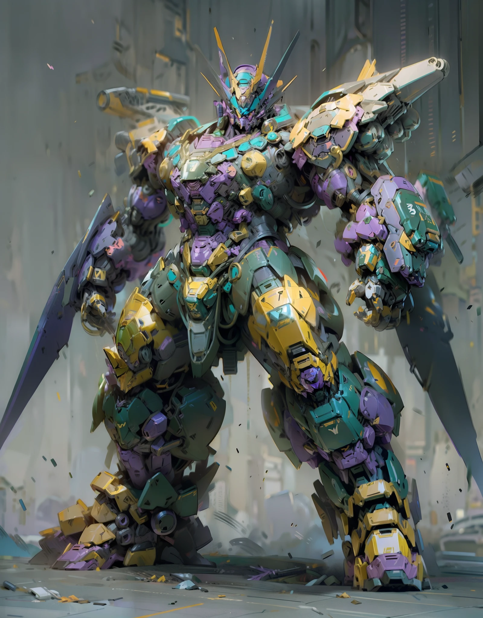 Heavy duty Gundam of batman, ((full body)) batman element, ((steel buster)) gundam shape style, bulky, mechanical, muscular, purple and gold color, samurai armor, stylish armor design