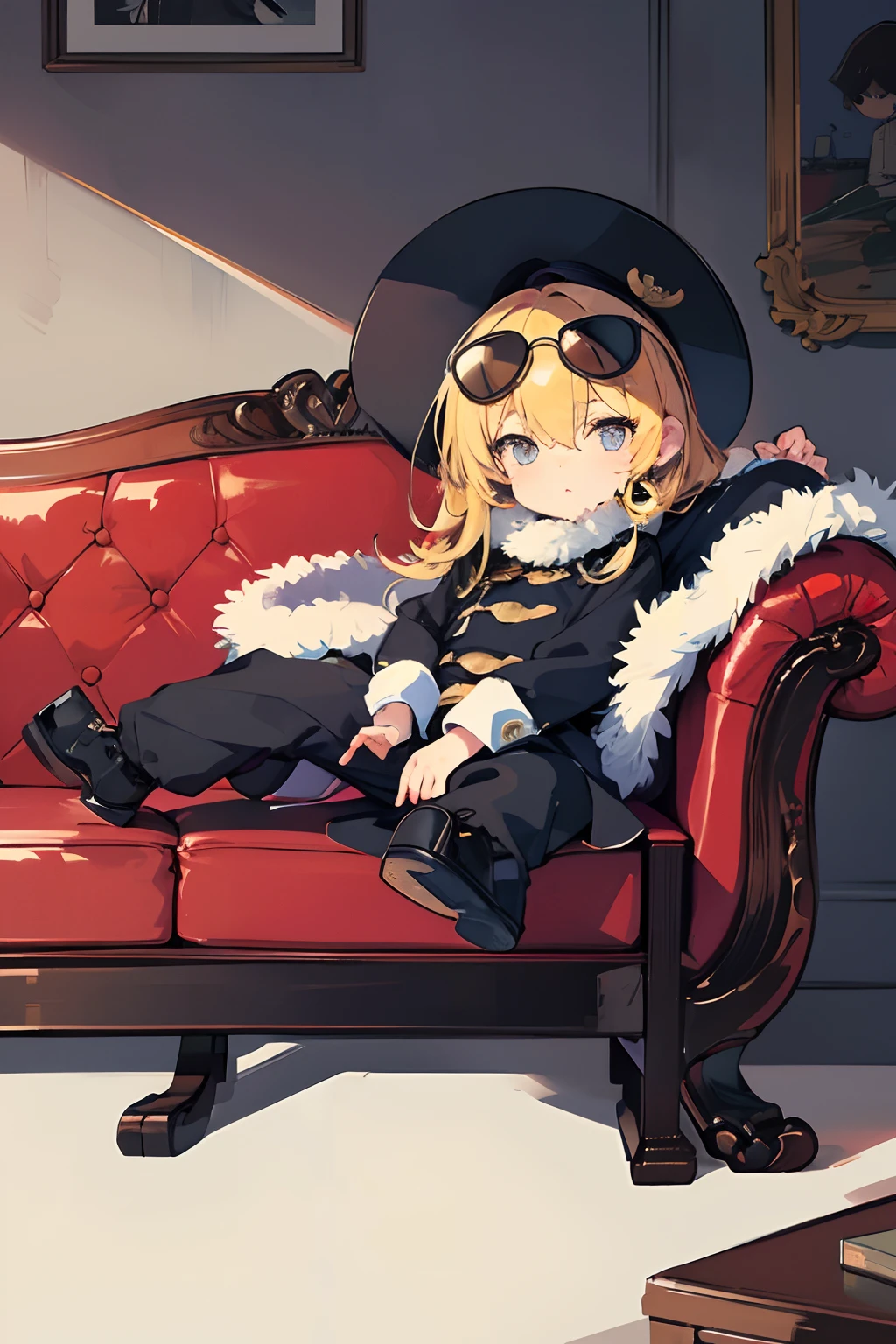 (mouthpiece, of the highest quality, Illustration, Very high quality, extremely delicate writing), Baby, Full body, Lively, No background, One Person, Child with pacifier, man, sitting in the couch, Wearing sunglasses, Fur coat, Chibi