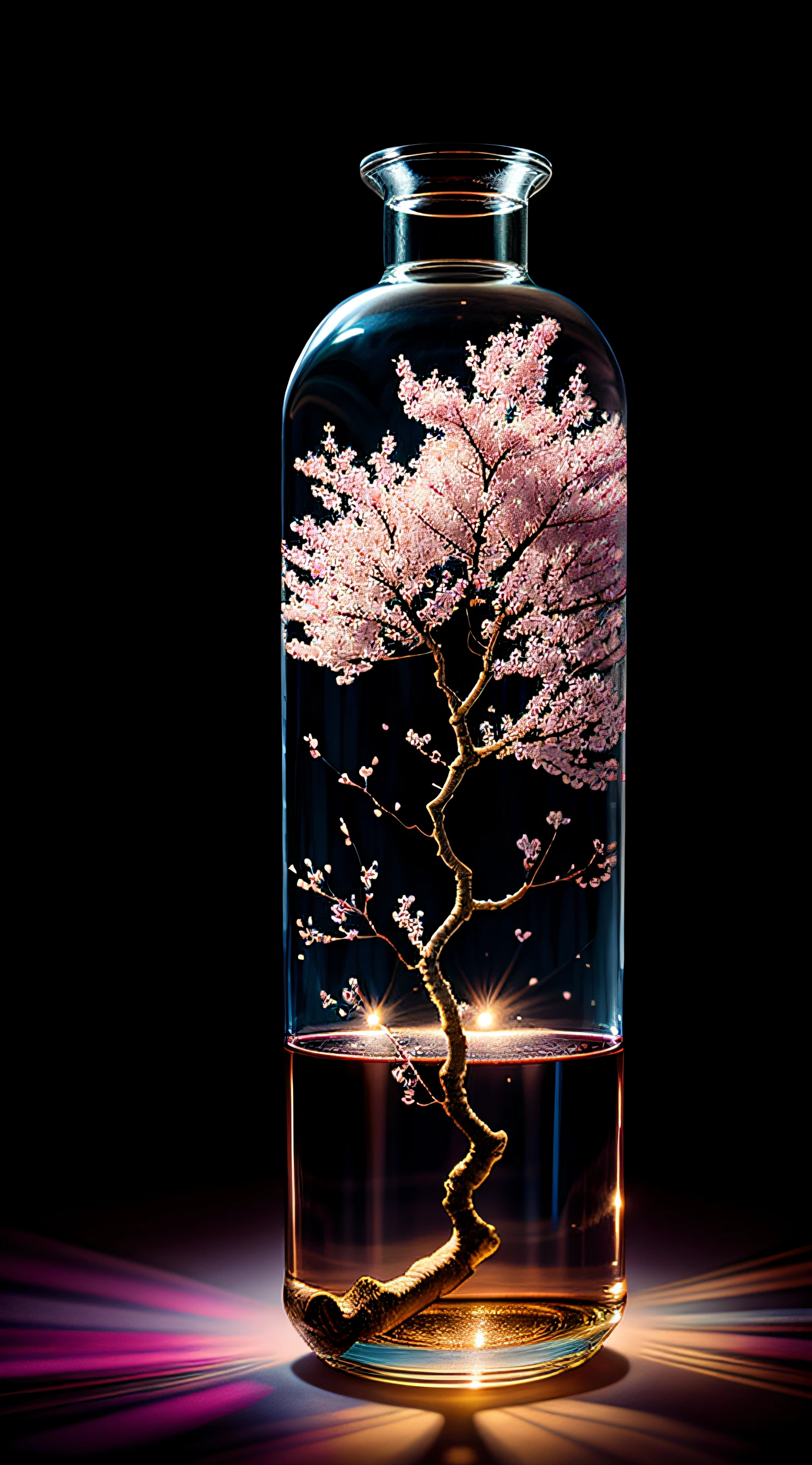 Cherry blossom tree in a bottle, Fluffy, Realistic, Atmospheric light refraction, author：Lee Jeffries Nikon D850 Film Stock Photo 4 Kodaport 400 Camera F1.6 Shots rich colors Ultra-realistic realistic textures Dramatic lighting Trends on Unreal Engine ArtStation CineStill 800, Style-Glass